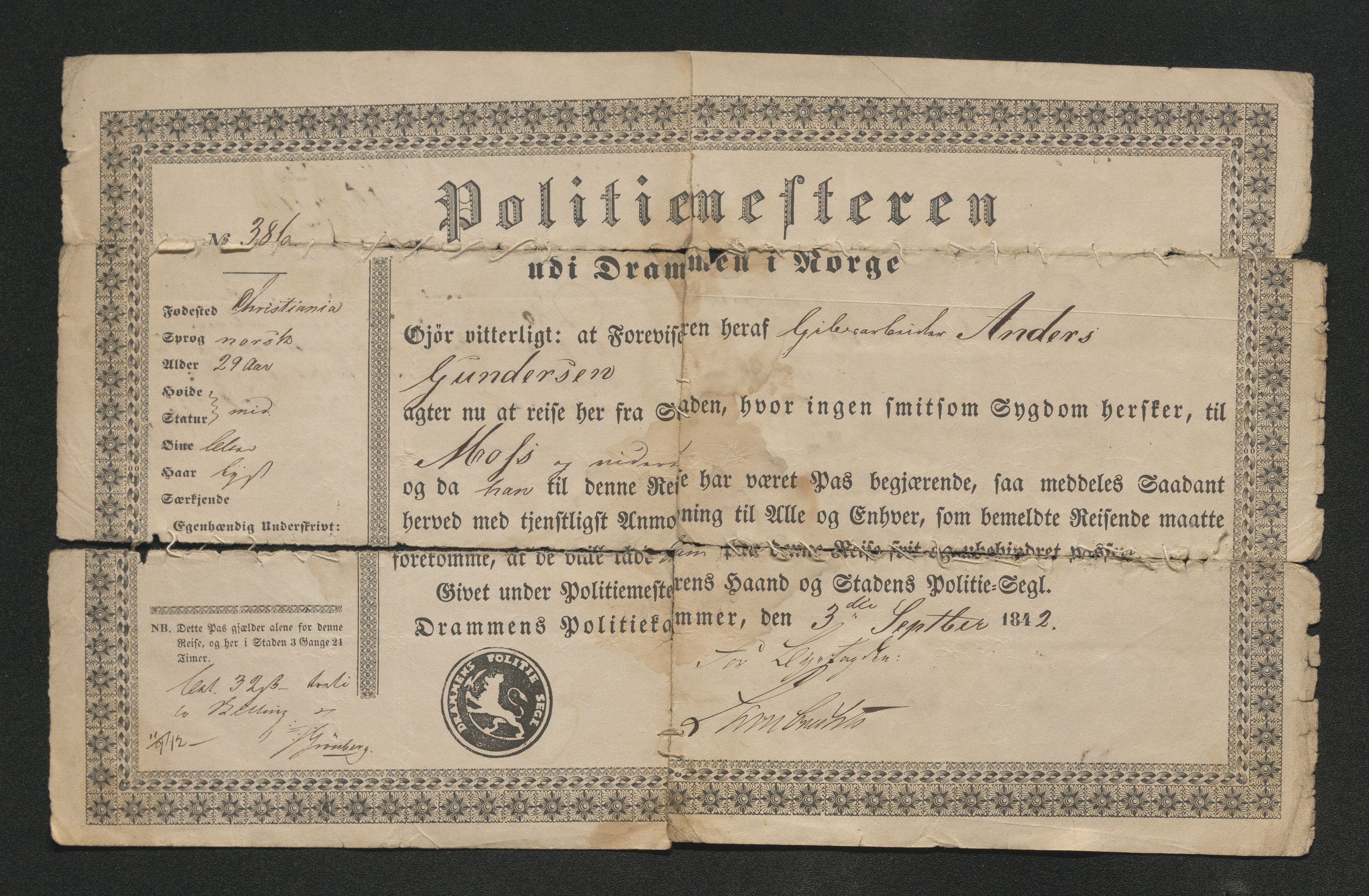 Drammen politikammer, AV/SAKO-A-623/I/Ia/Iab/L0007: Innleverte pass, 1843-1844, s. 200