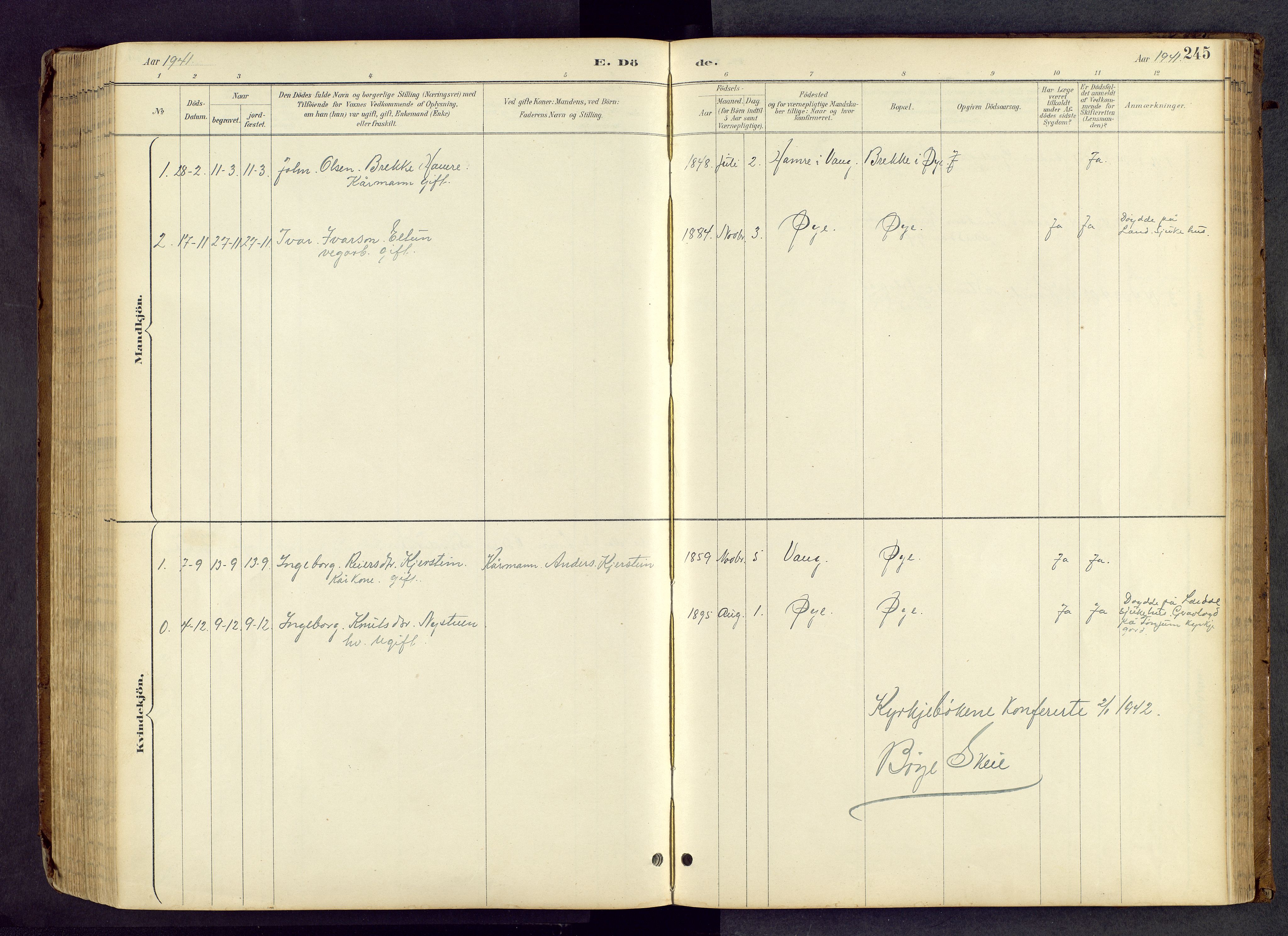 Vang prestekontor, Valdres, AV/SAH-PREST-140/H/Hb/L0005: Klokkerbok nr. 5, 1889-1945, s. 245