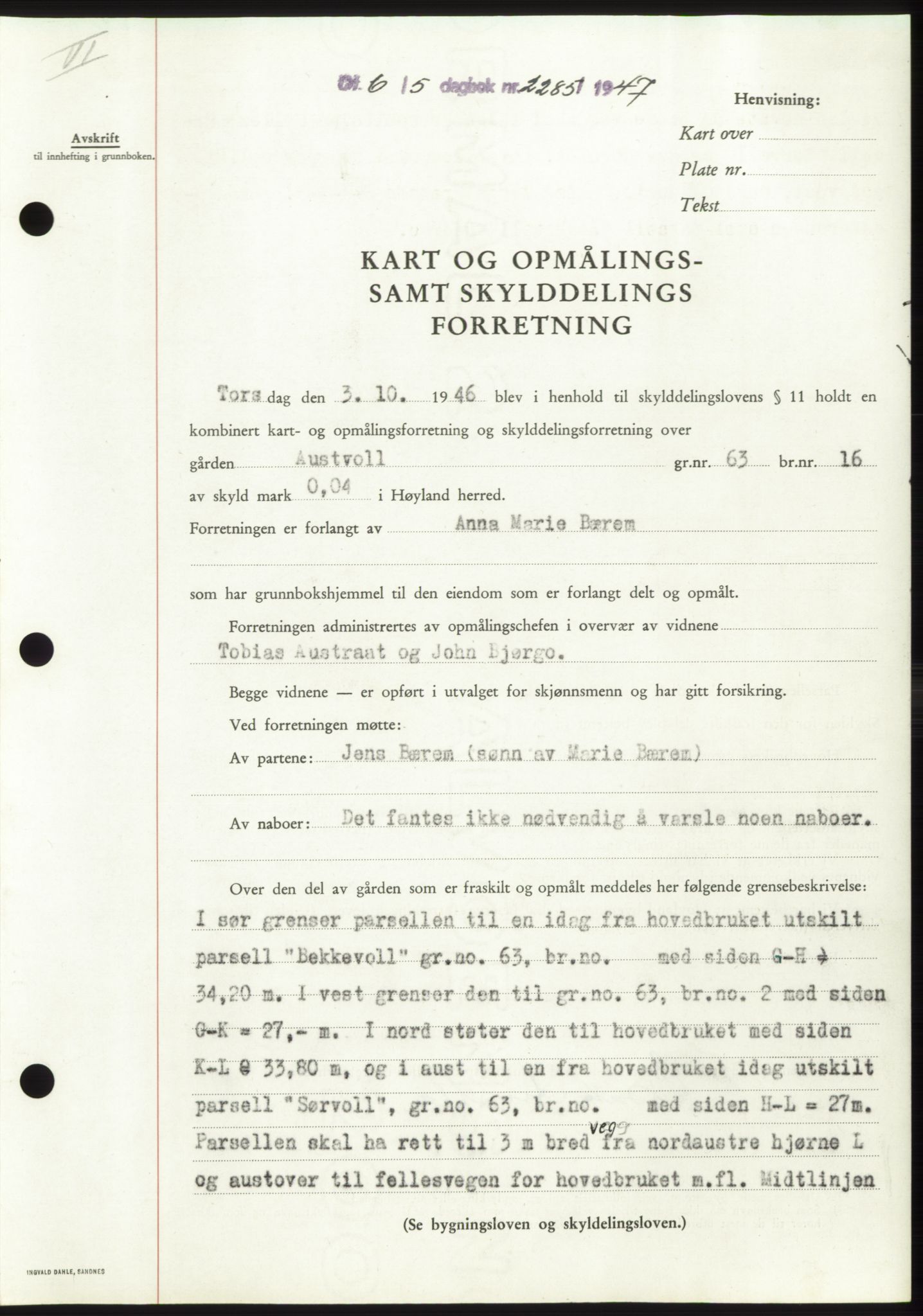 Jæren sorenskriveri, SAST/A-100310/03/G/Gba/L0094: Pantebok, 1947-1947, Dagboknr: 2285/1947