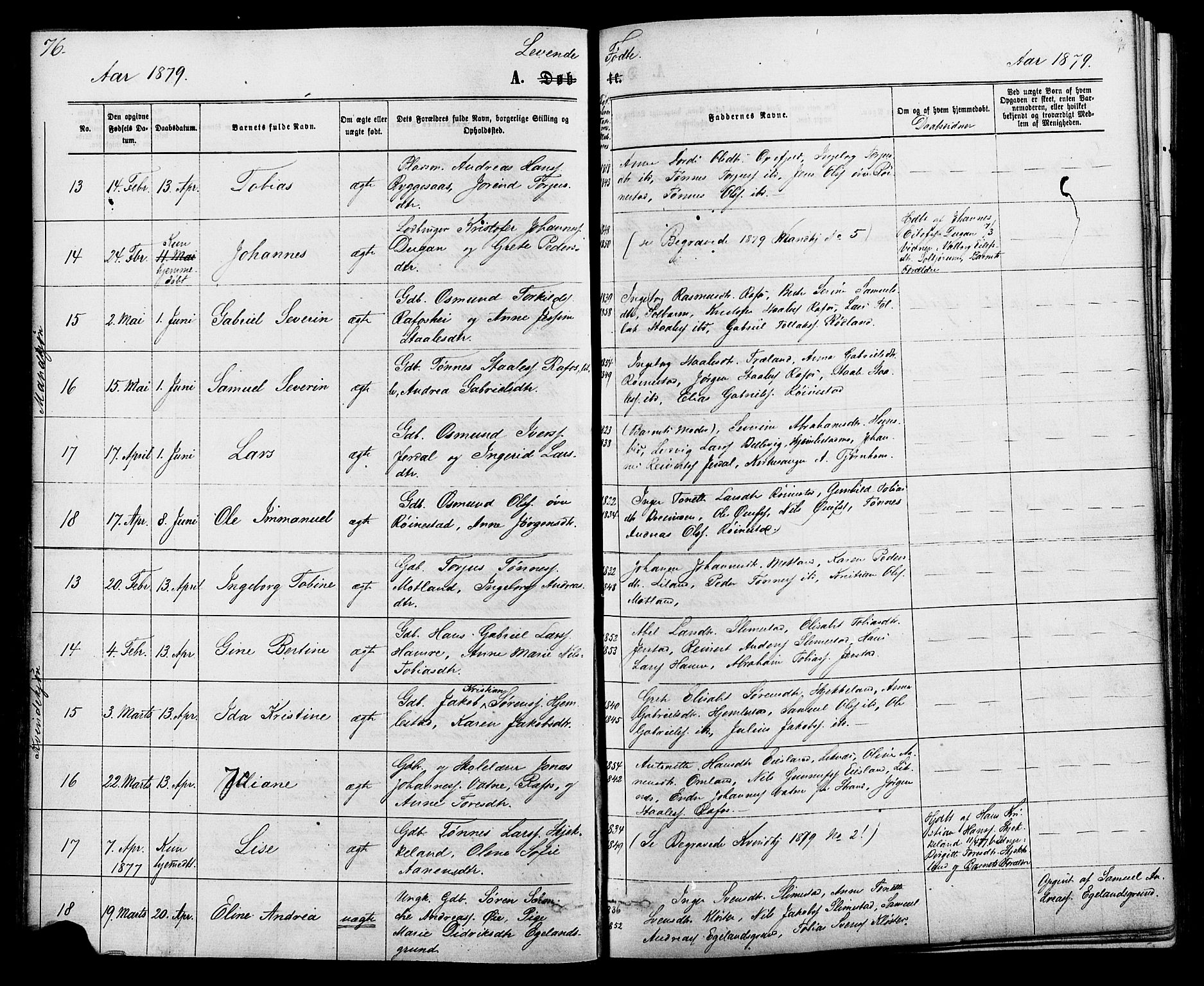 Kvinesdal sokneprestkontor, AV/SAK-1111-0026/F/Fa/Fab/L0007: Ministerialbok nr. A 7, 1870-1885, s. 76