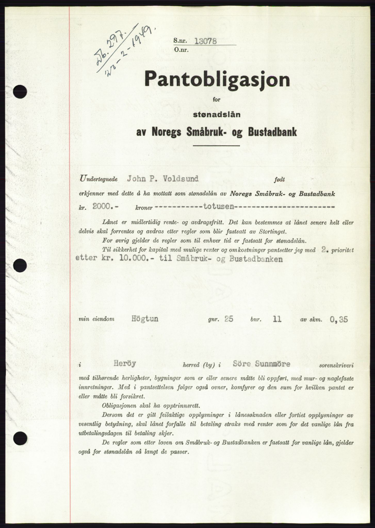 Søre Sunnmøre sorenskriveri, SAT/A-4122/1/2/2C/L0116: Pantebok nr. 4B, 1948-1949, Dagboknr: 297/1949