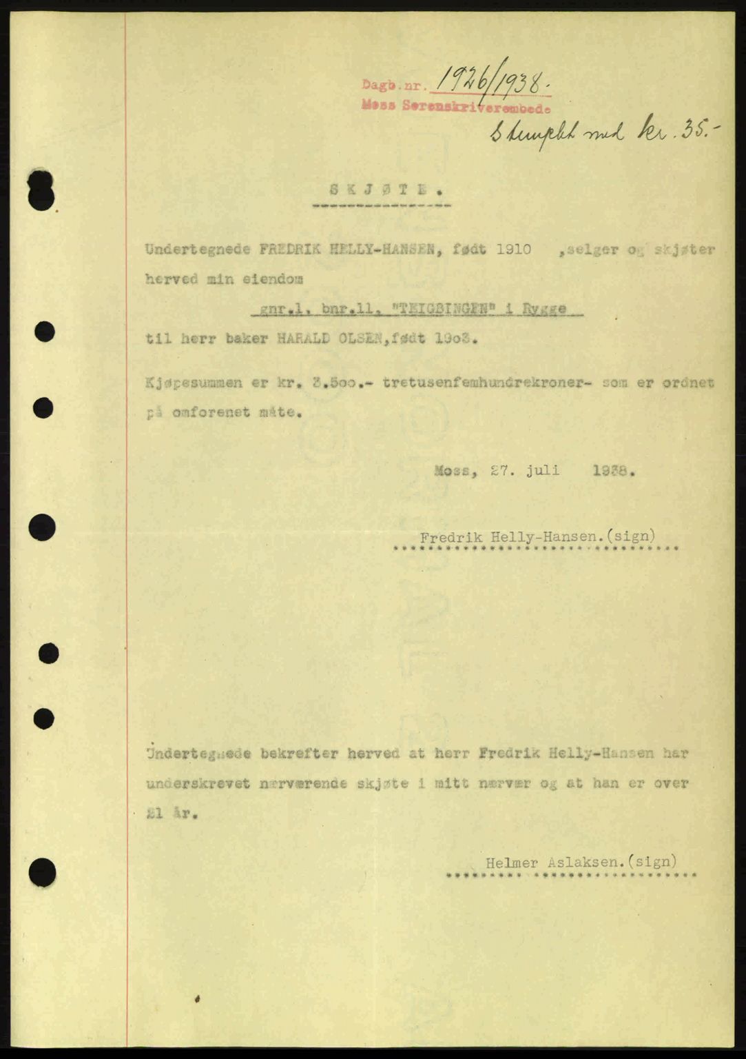 Moss sorenskriveri, SAO/A-10168: Pantebok nr. A4, 1938-1938, Dagboknr: 1926/1938