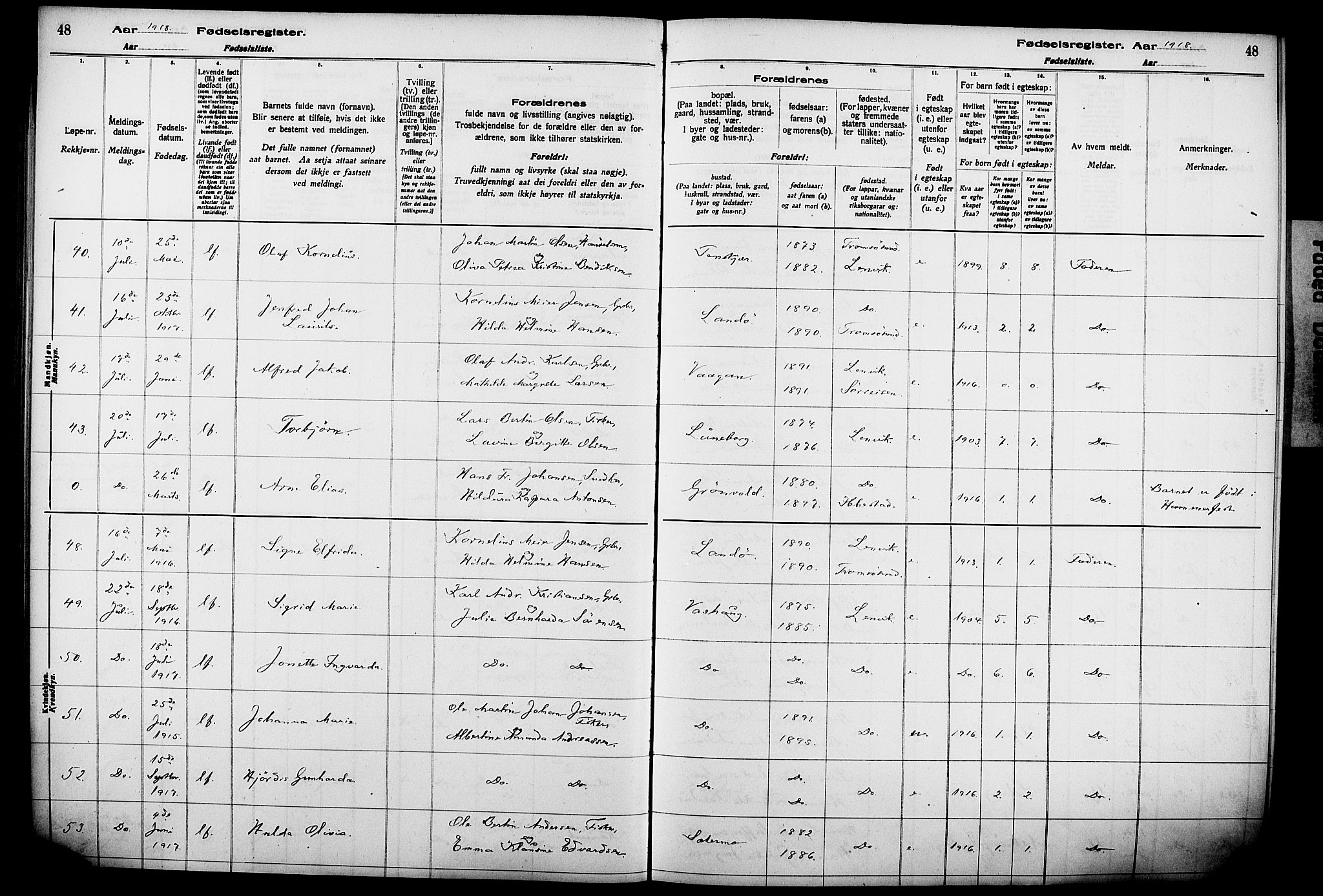 Lenvik sokneprestembete, AV/SATØ-S-1310/I/Ic/L0089: Fødselsregister nr. 89, 1916-1926, s. 48