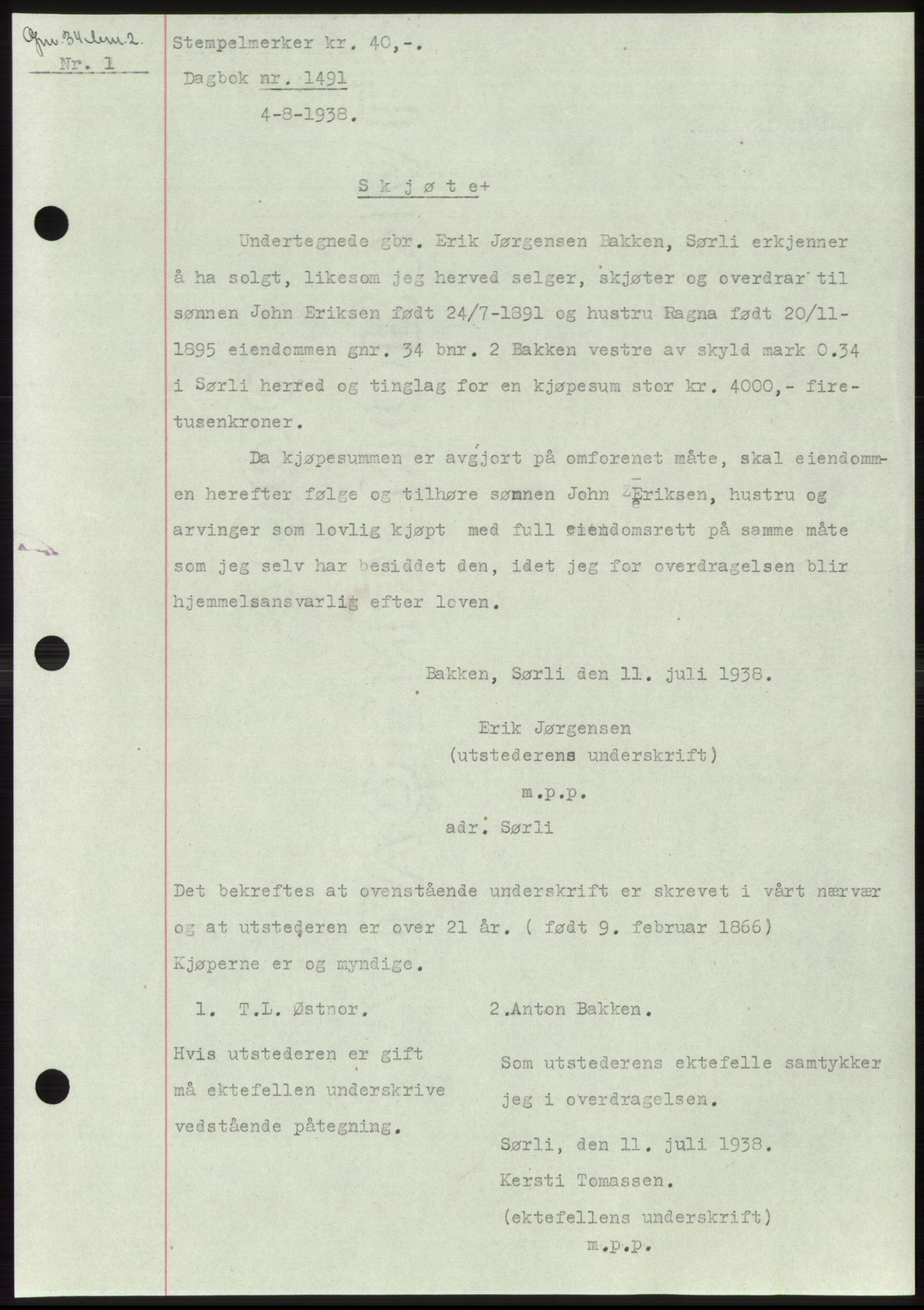 Namdal sorenskriveri, SAT/A-4133/1/2/2C: Pantebok nr. -, 1937-1939, Tingl.dato: 04.08.1938