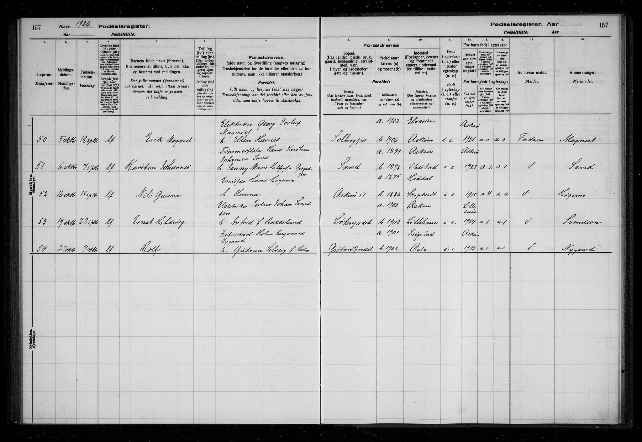 Askim prestekontor Kirkebøker, AV/SAO-A-10900/J/Ja/L0001: Fødselsregister nr. 1, 1916-1929, s. 157