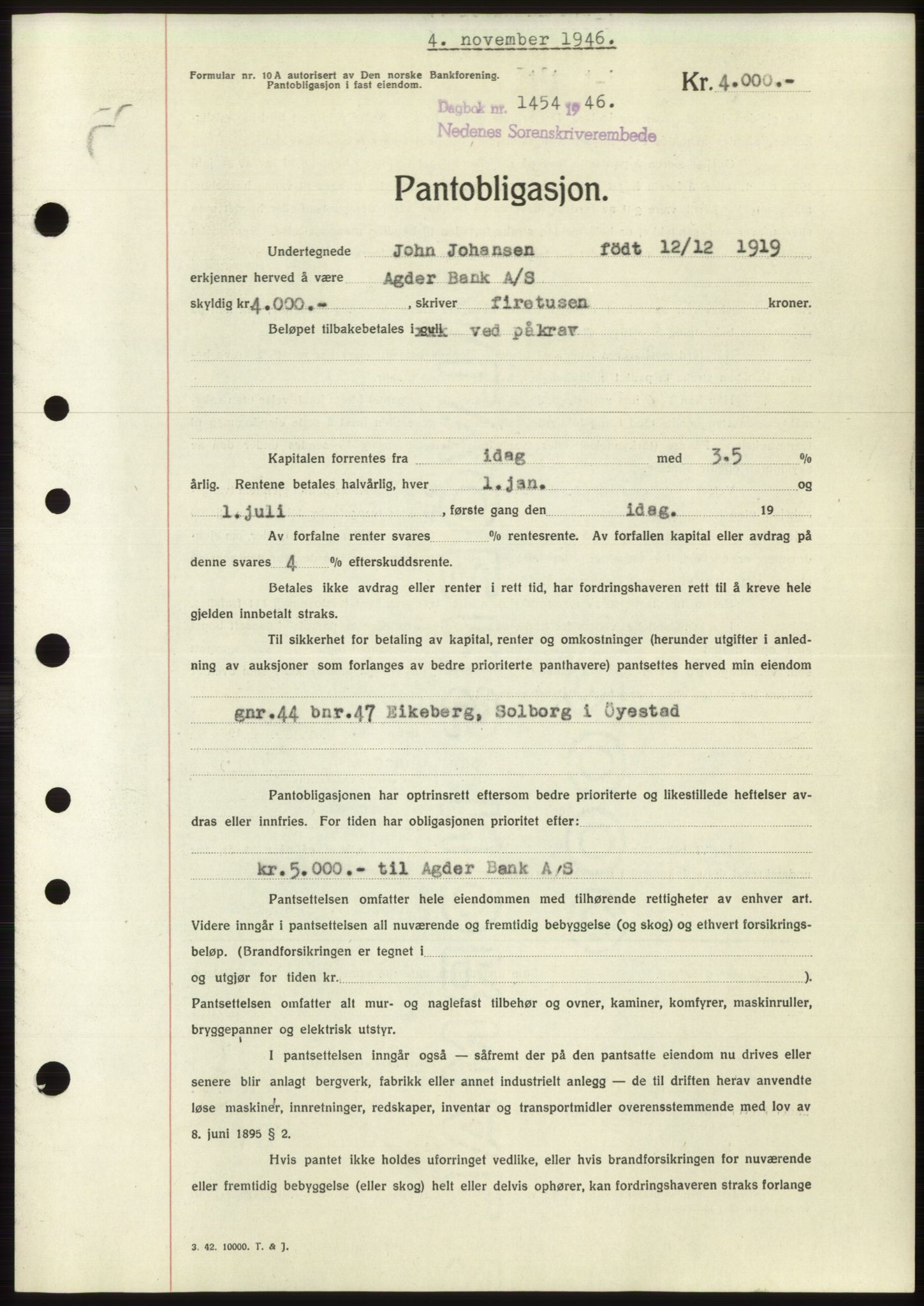 Nedenes sorenskriveri, SAK/1221-0006/G/Gb/Gbb/L0003: Pantebok nr. B3b, 1946-1946, Dagboknr: 1454/1946
