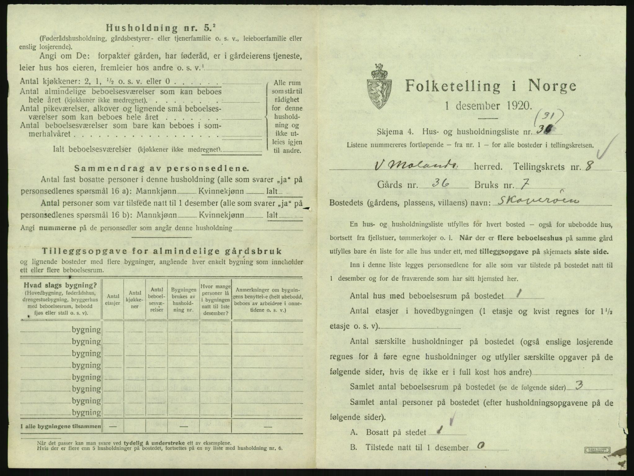 SAK, Folketelling 1920 for 0926 Vestre Moland herred, 1920, s. 1013