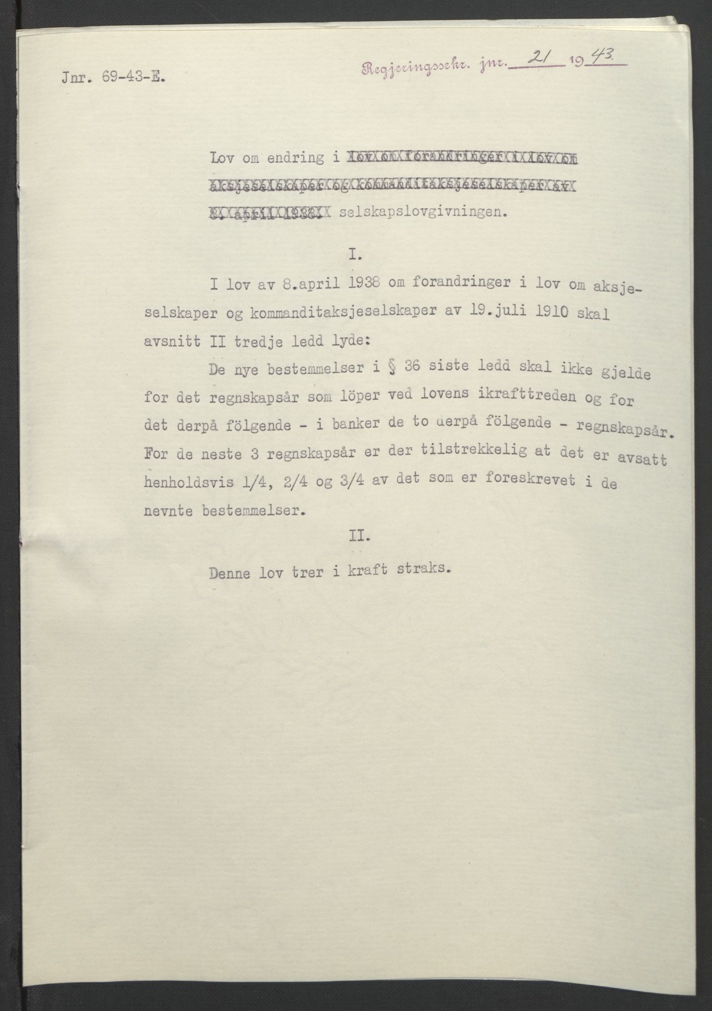 NS-administrasjonen 1940-1945 (Statsrådsekretariatet, de kommisariske statsråder mm), AV/RA-S-4279/D/Db/L0099: Lover, 1943, s. 38