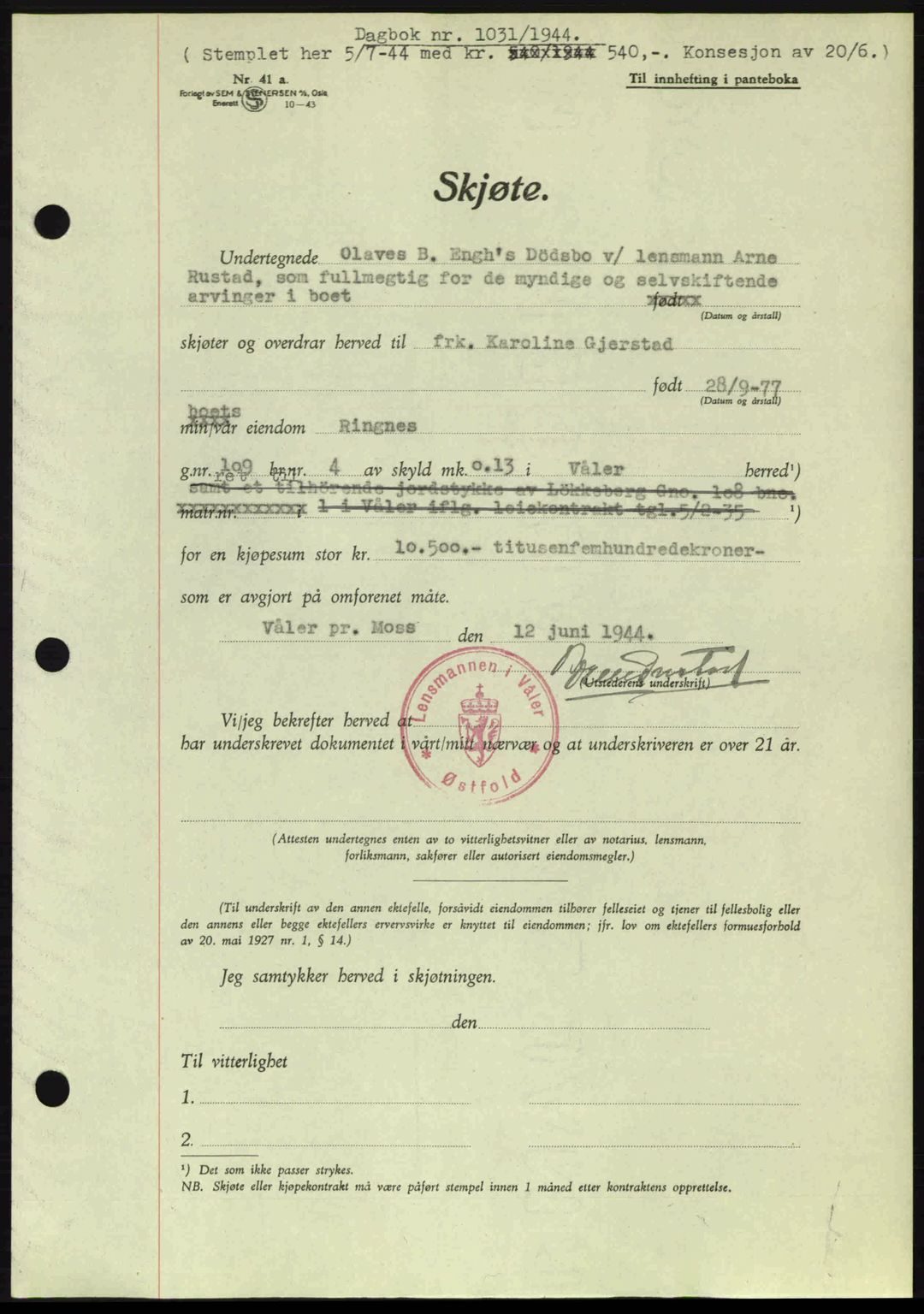 Moss sorenskriveri, SAO/A-10168: Pantebok nr. A12, 1943-1944, Dagboknr: 1031/1944