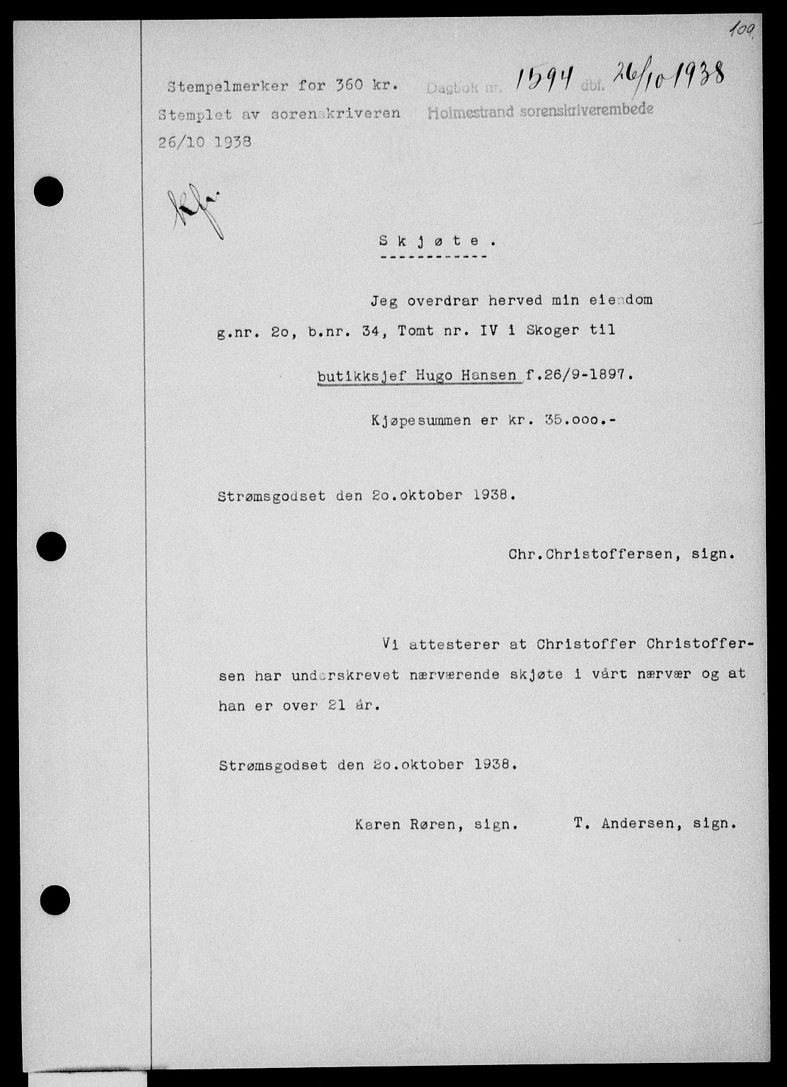 Holmestrand sorenskriveri, SAKO/A-67/G/Ga/Gaa/L0050: Pantebok nr. A-50, 1938-1939, Dagboknr: 1594/1938