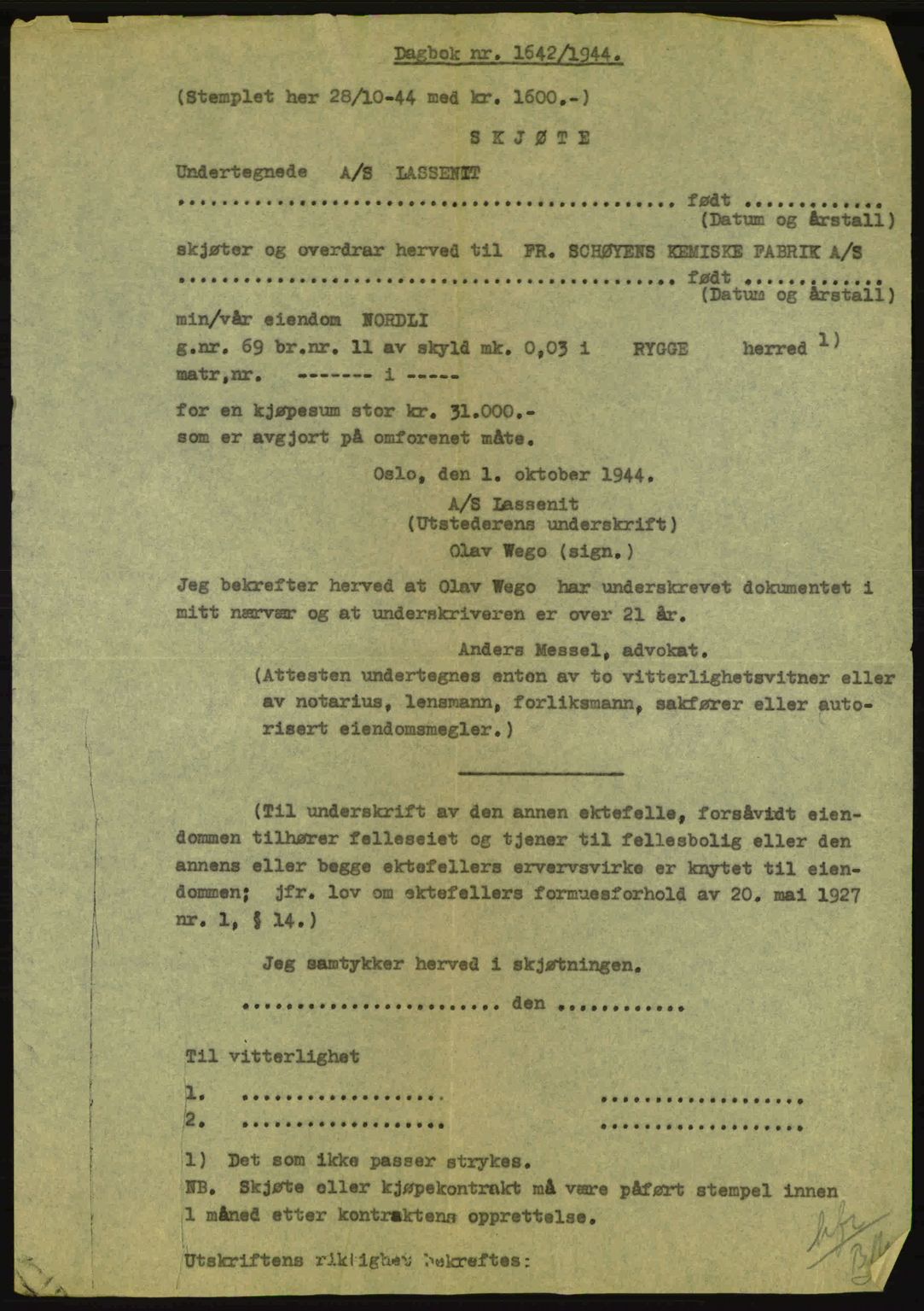 Moss sorenskriveri, SAO/A-10168: Pantebok nr. A13, 1944-1945, Dagboknr: 1642/1944