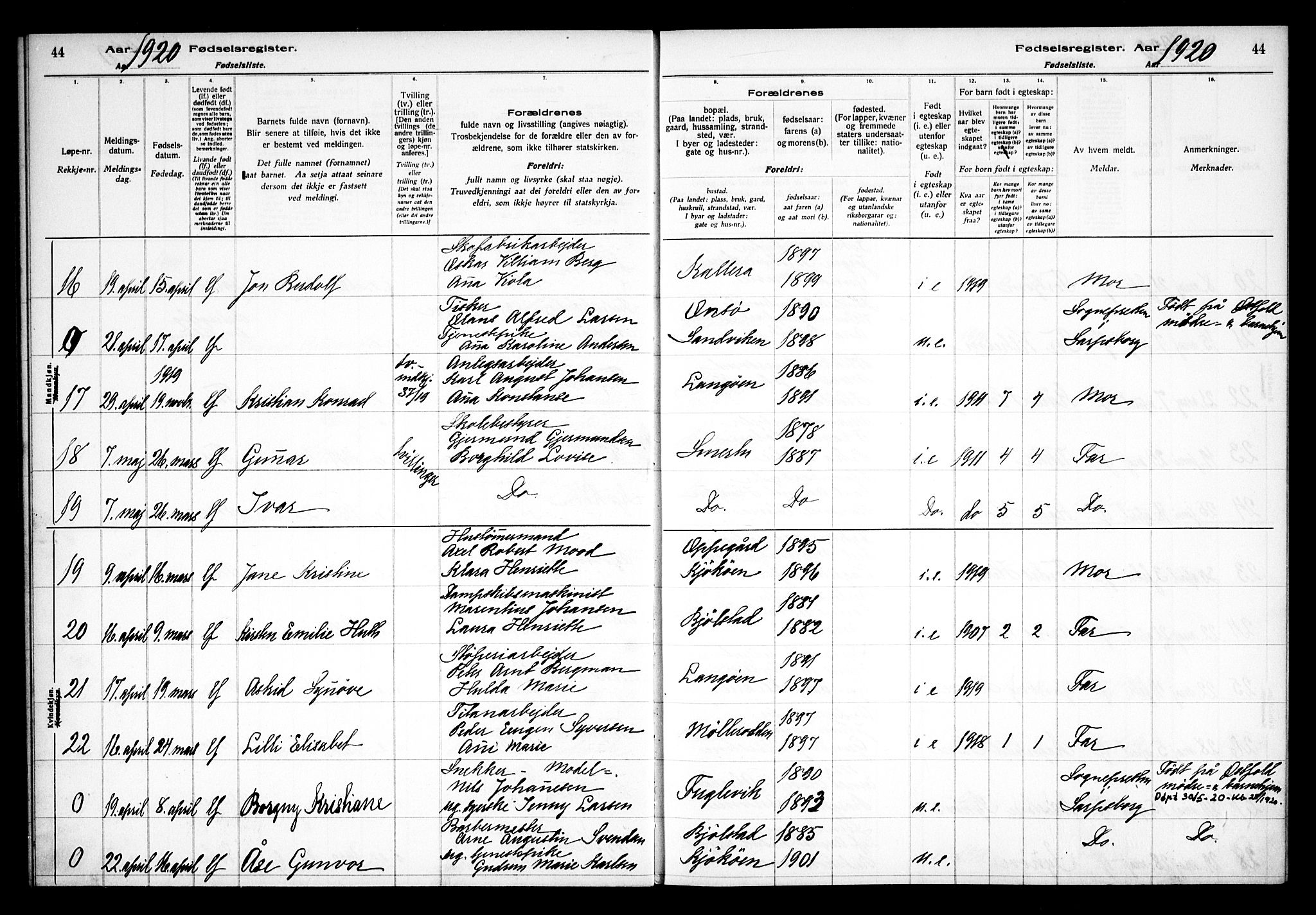 Kråkerøy prestekontor Kirkebøker, AV/SAO-A-10912/J/Ja/L0001: Fødselsregister nr. 1, 1916-1938, s. 44