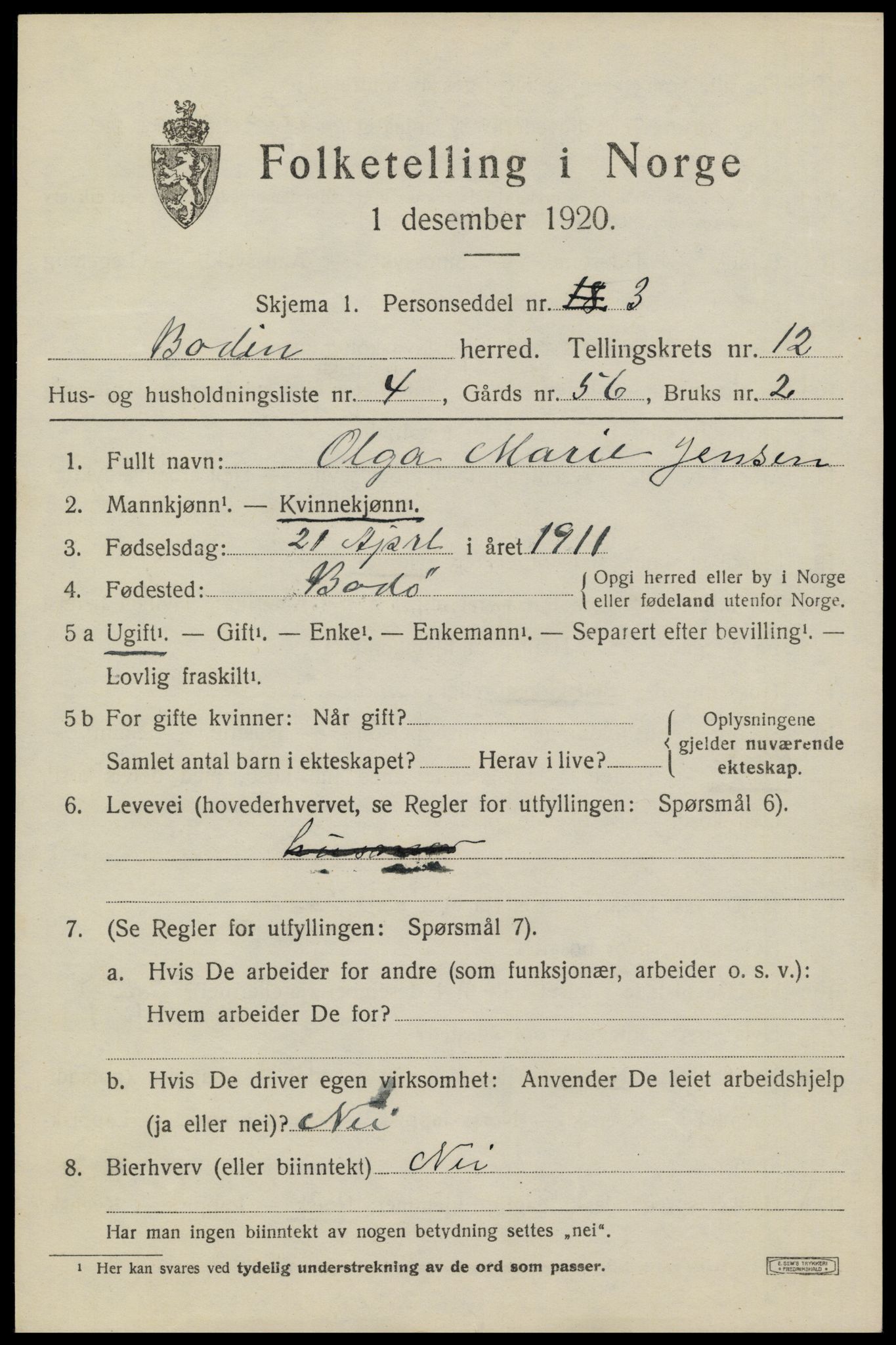 SAT, Folketelling 1920 for 1843 Bodin herred, 1920, s. 8468