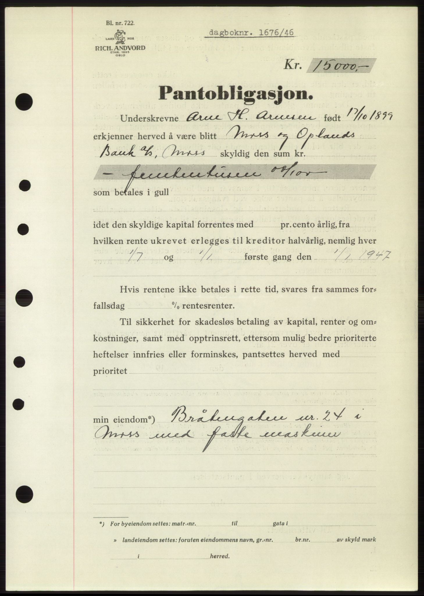 Moss sorenskriveri, SAO/A-10168: Pantebok nr. B15, 1946-1946, Dagboknr: 1676/1946