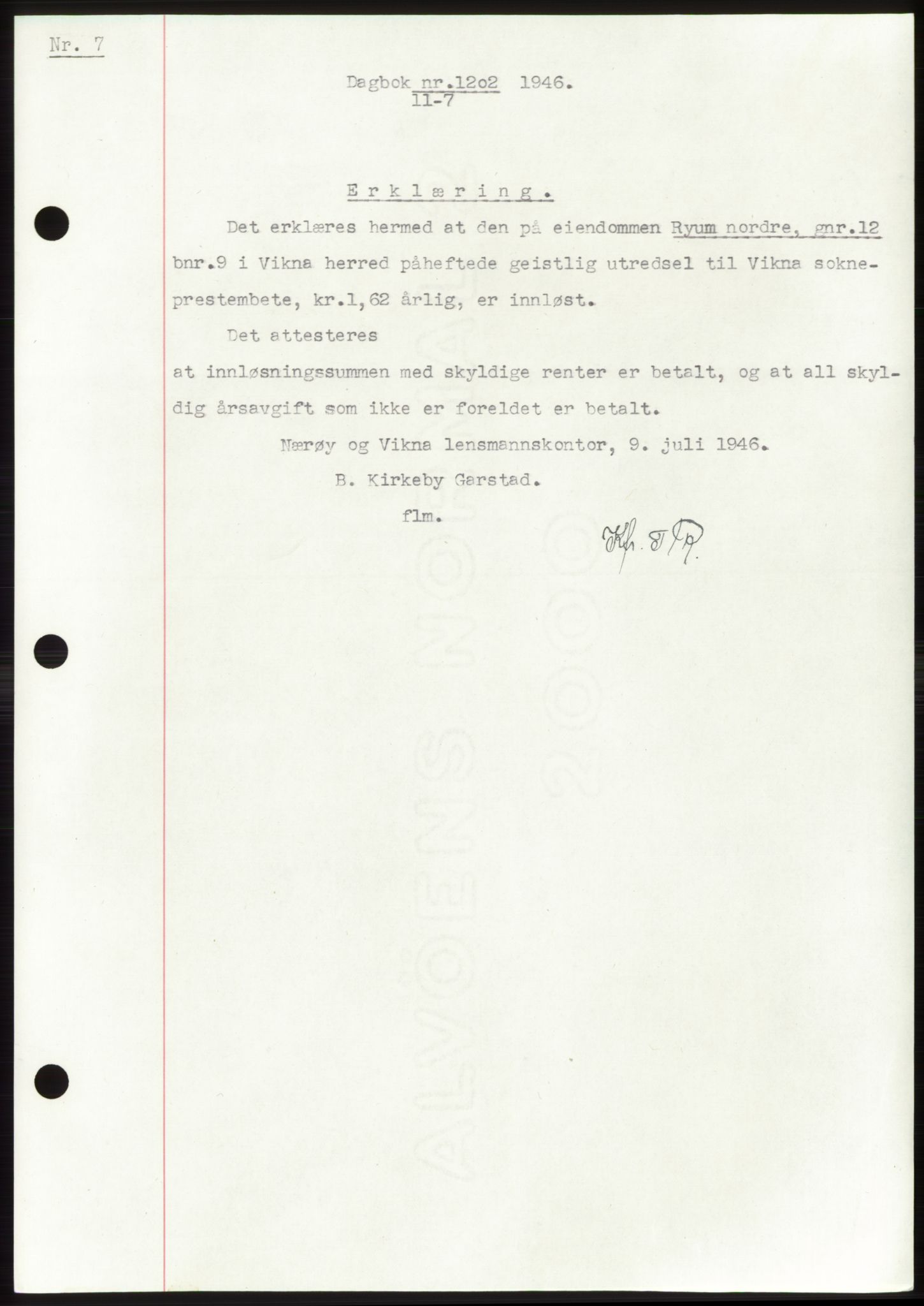Namdal sorenskriveri, SAT/A-4133/1/2/2C: Pantebok nr. -, 1946-1946, Dagboknr: 1202/1946