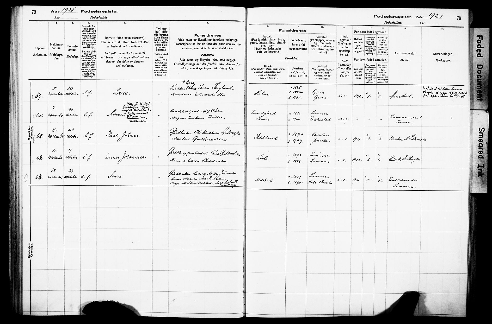 Lunner prestekontor, SAH/PREST-118/I/Id/L0001: Fødselsregister nr. 1, 1916-1932, s. 79