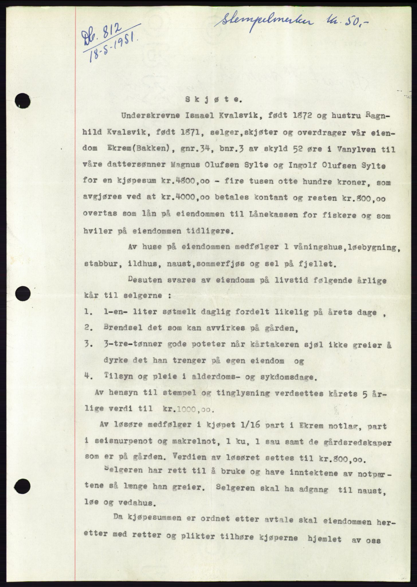 Søre Sunnmøre sorenskriveri, AV/SAT-A-4122/1/2/2C/L0089: Pantebok nr. 15A, 1951-1951, Dagboknr: 812/1951