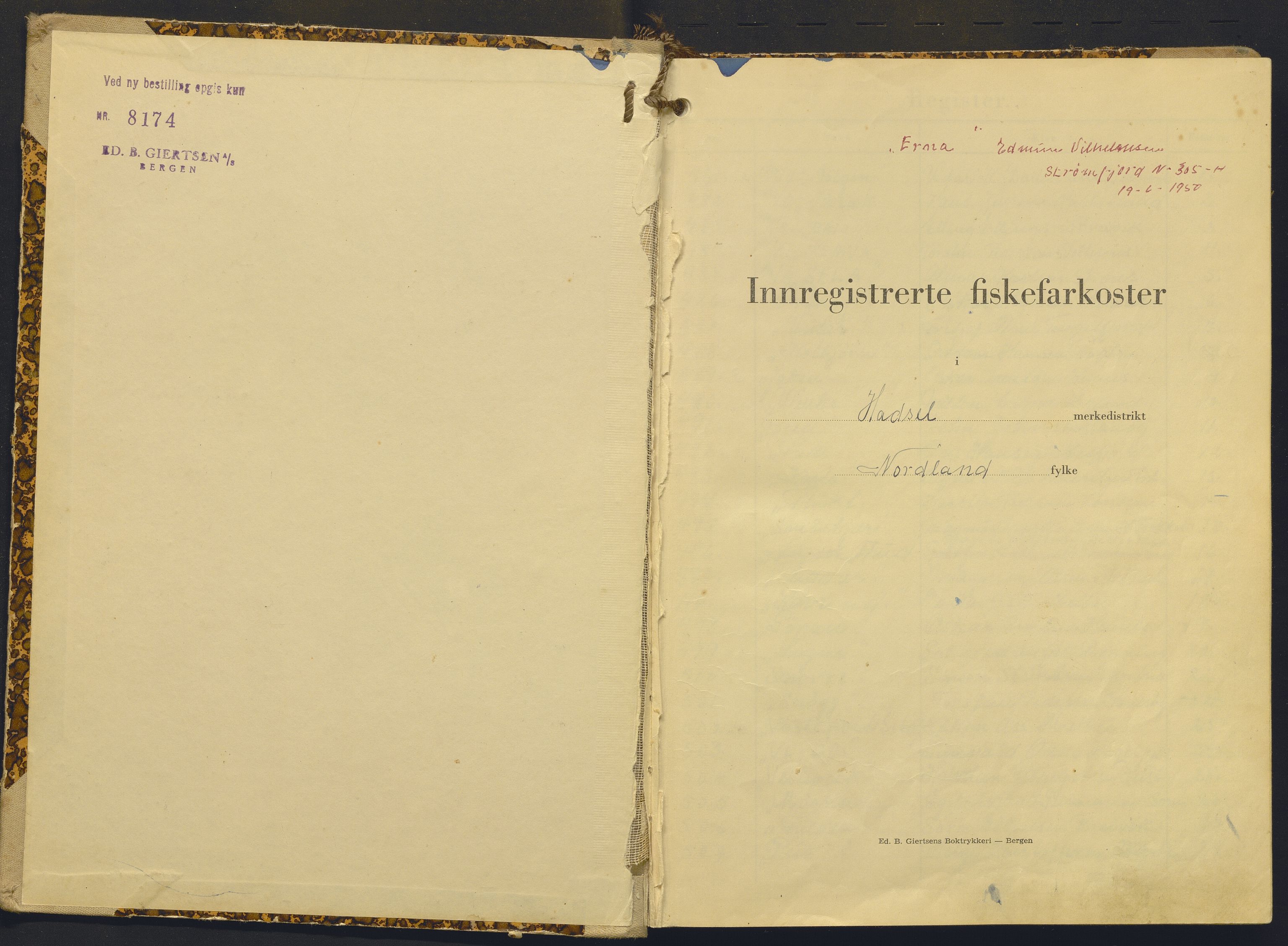 Fiskeridirektoratet - 1 Adm. ledelse - 13 Båtkontoret, SAB/A-2003/I/Ia/Iac/L0075: 135.0326/6 Merkeprotokoll - Hadsel, 1959-1963