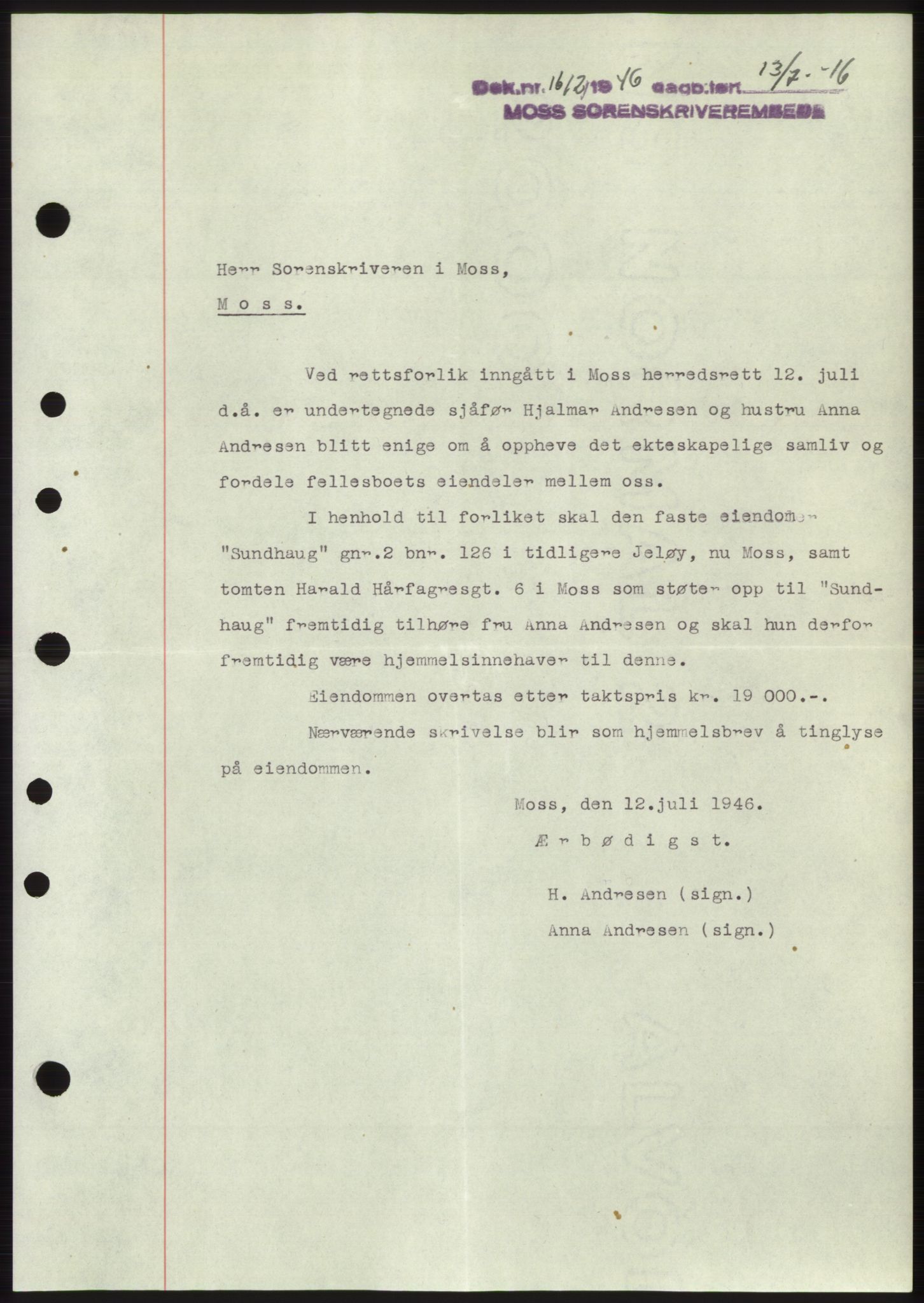 Moss sorenskriveri, SAO/A-10168: Pantebok nr. B15, 1946-1946, Dagboknr: 1612/1946