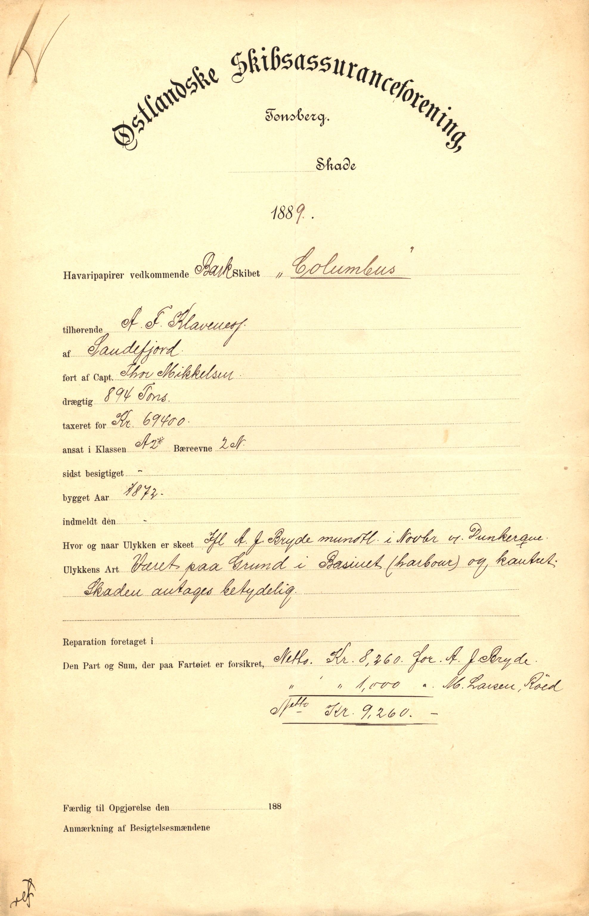 Pa 63 - Østlandske skibsassuranceforening, VEMU/A-1079/G/Ga/L0023/0009: Havaridokumenter / Emil, Black, Hawk, Columbus, Dagny, Askur, Imanuel, 1889, s. 11