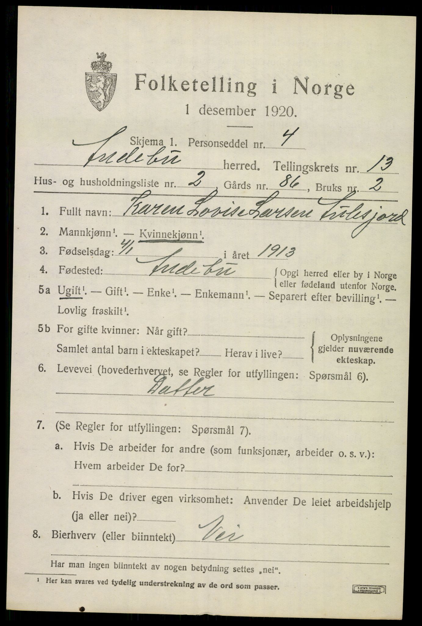 SAKO, Folketelling 1920 for 0719 Andebu herred, 1920, s. 4806