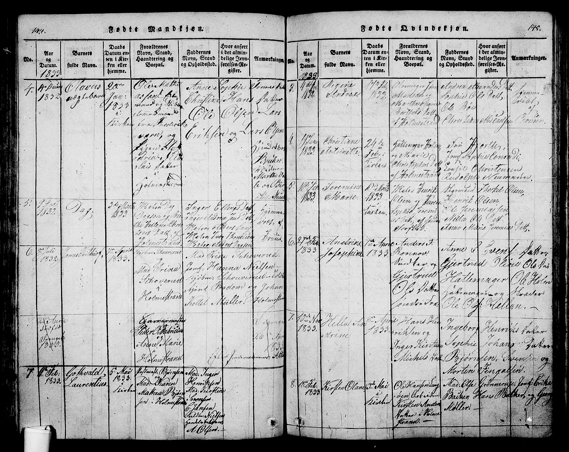 Holmestrand kirkebøker, SAKO/A-346/G/Ga/L0001: Klokkerbok nr. 1, 1814-1848, s. 144-145
