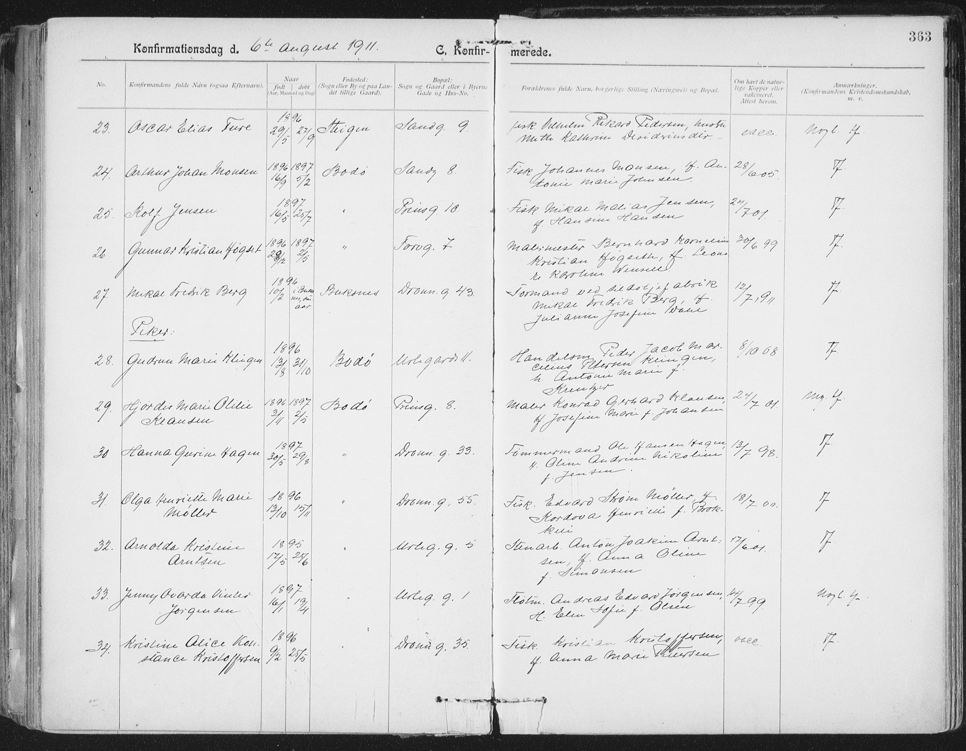 Ministerialprotokoller, klokkerbøker og fødselsregistre - Nordland, AV/SAT-A-1459/801/L0011: Ministerialbok nr. 801A11, 1900-1916, s. 363