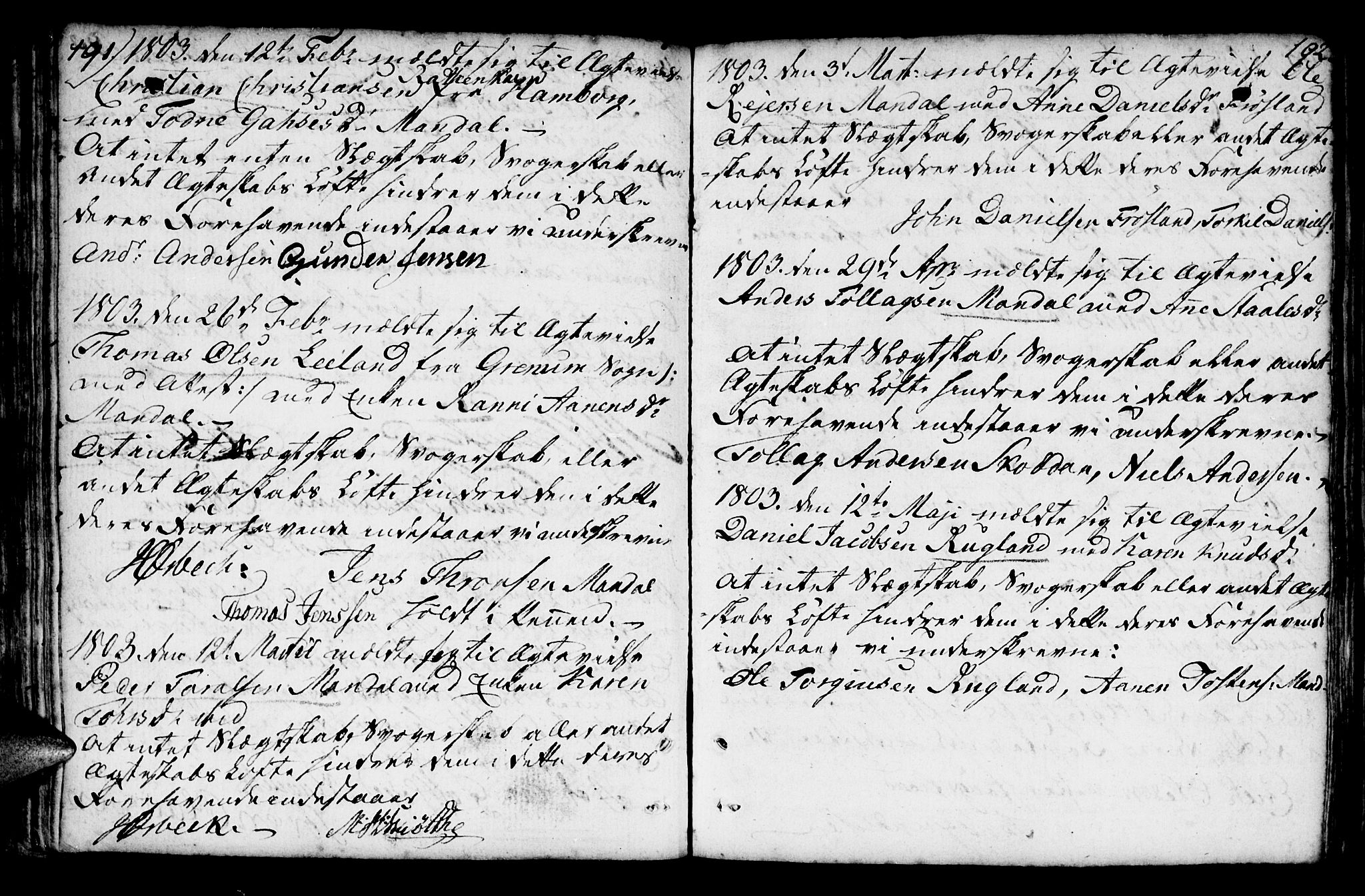 Mandal sokneprestkontor, AV/SAK-1111-0030/F/Fa/Faa/L0007: Ministerialbok nr. A 7, 1783-1818, s. 191-192