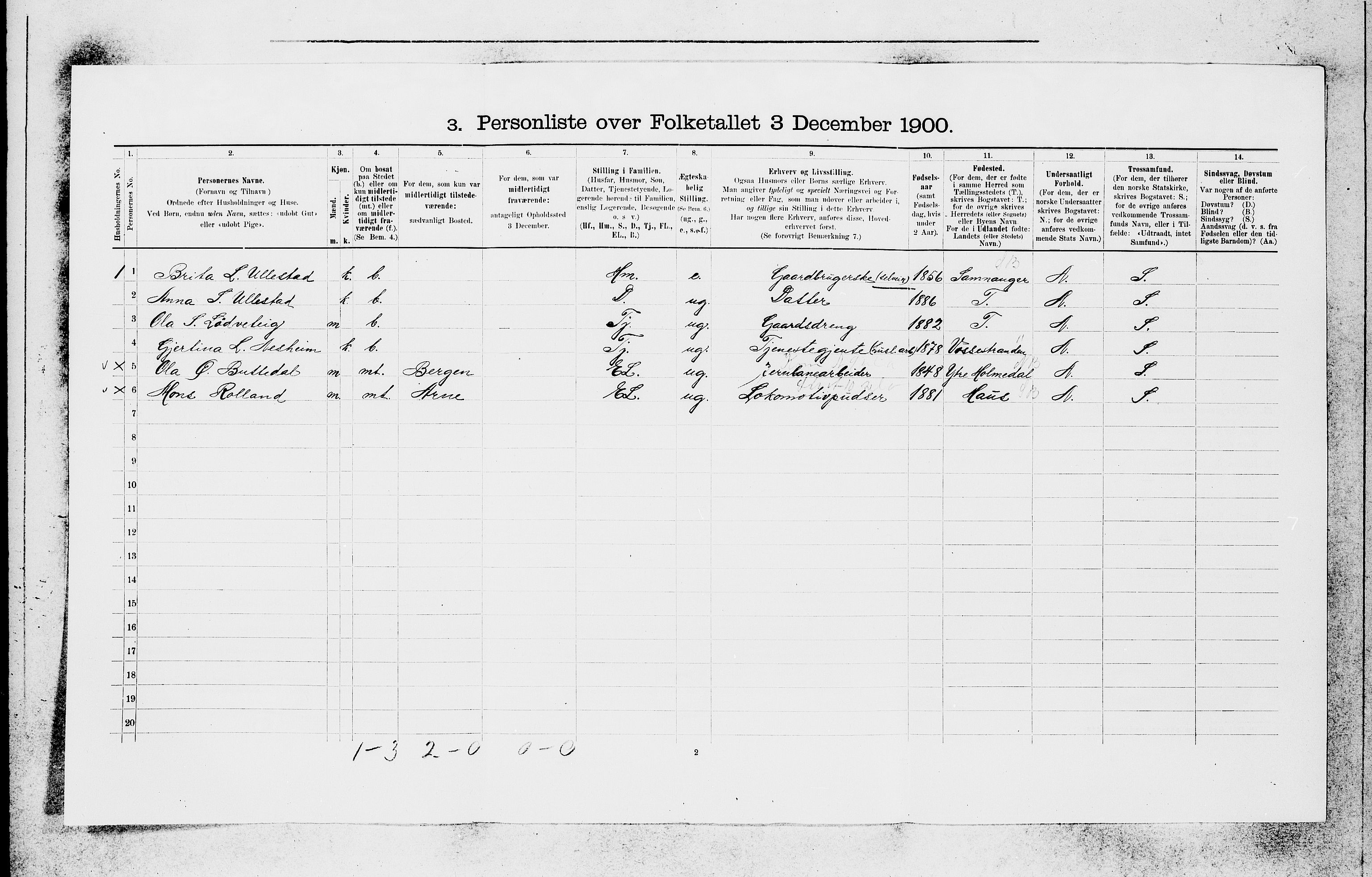 SAB, Folketelling 1900 for 1235 Voss herred, 1900, s. 485