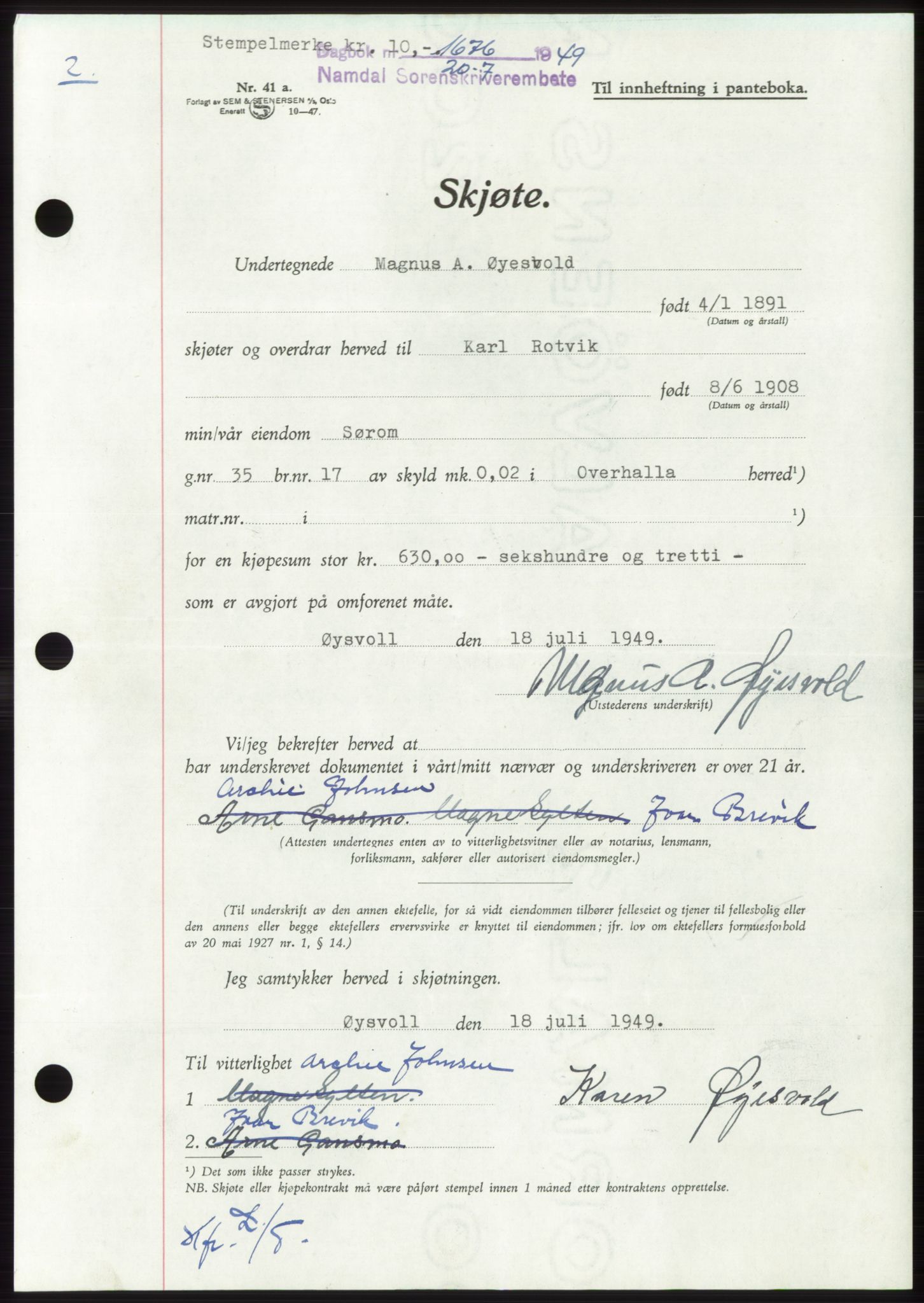 Namdal sorenskriveri, SAT/A-4133/1/2/2C: Pantebok nr. -, 1949-1949, Dagboknr: 1676/1949