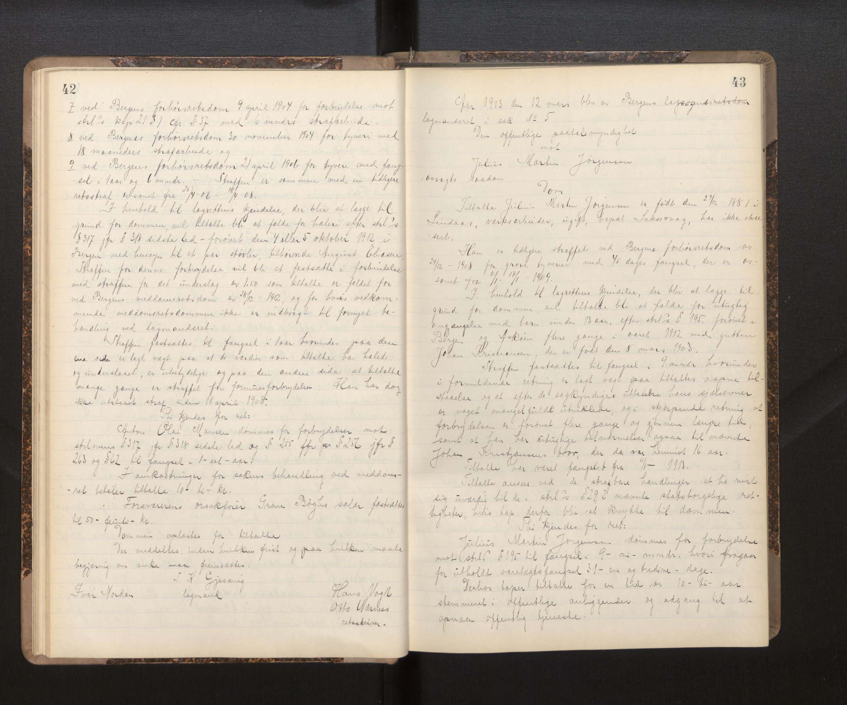 Gulating lagmannsrett, AV/SAB-A-60201/D/Da/L0005: Domsprotokoll for straffesaker - Gula- og Frostating lagdømme, 1912-1918, s. 42-43