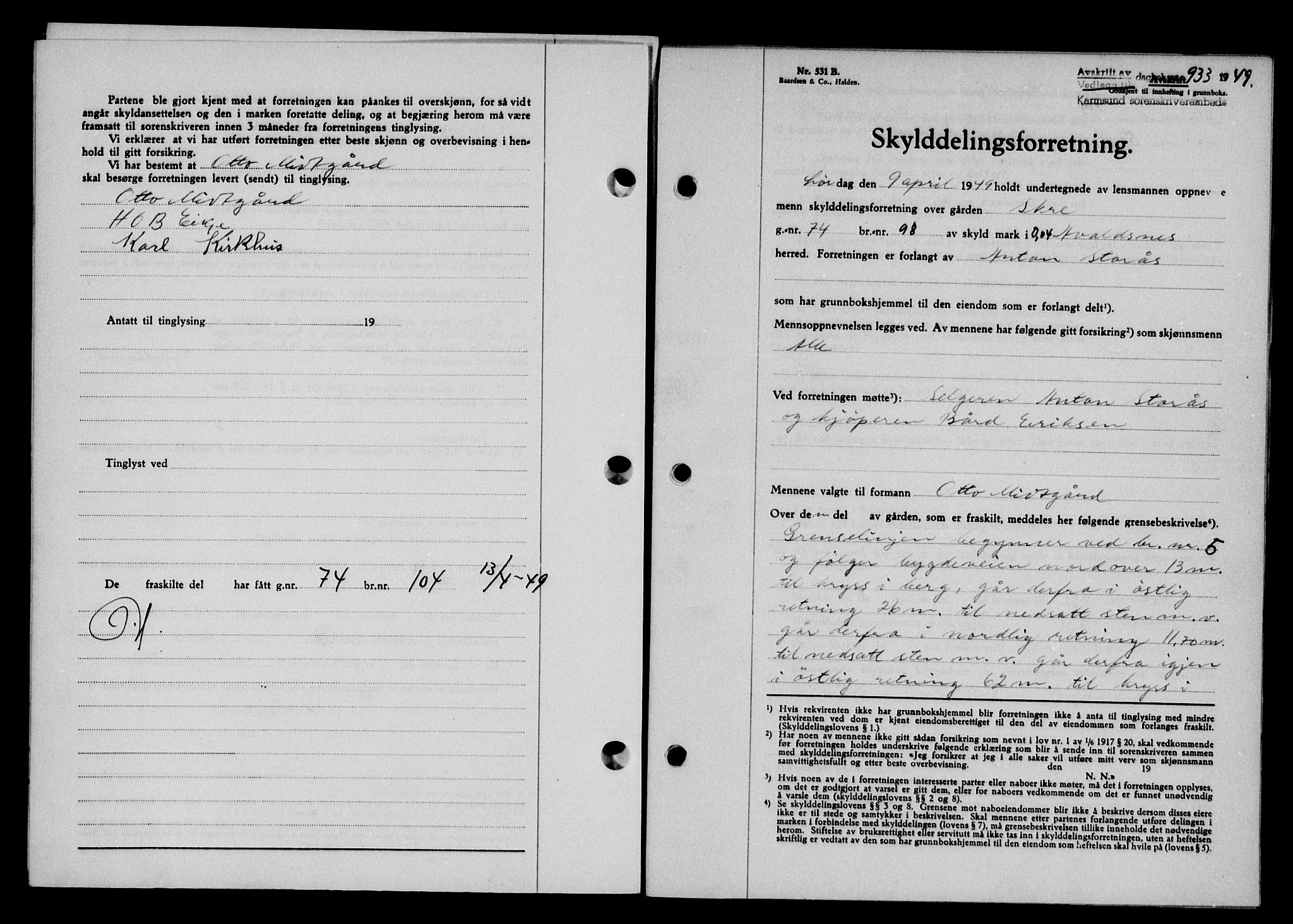 Karmsund sorenskriveri, SAST/A-100311/01/II/IIB/L0095: Pantebok nr. 75A, 1948-1949, Dagboknr: 933/1949