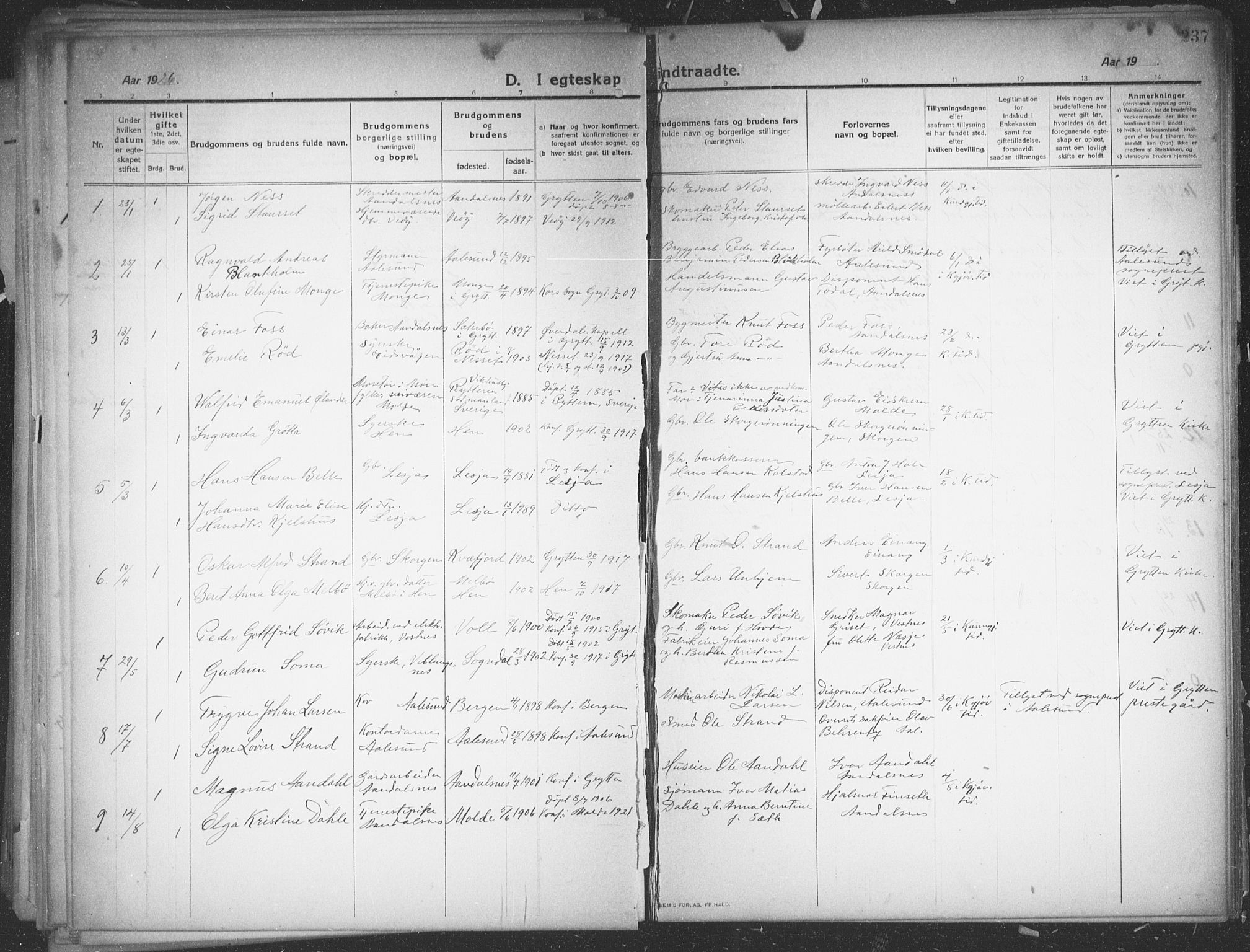 Ministerialprotokoller, klokkerbøker og fødselsregistre - Møre og Romsdal, AV/SAT-A-1454/544/L0581: Klokkerbok nr. 544C03, 1910-1937, s. 237