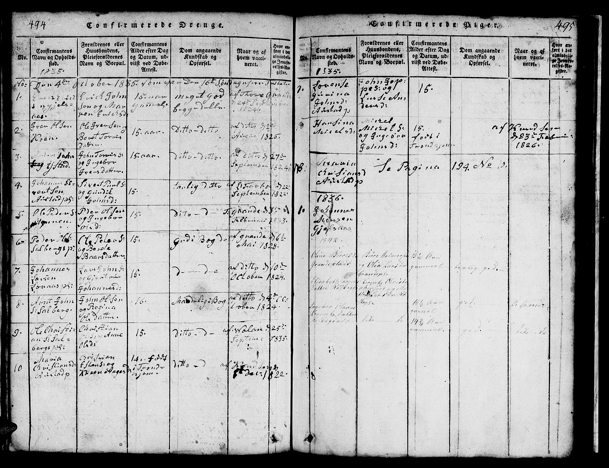 Ministerialprotokoller, klokkerbøker og fødselsregistre - Nord-Trøndelag, SAT/A-1458/731/L0310: Klokkerbok nr. 731C01, 1816-1874, s. 494-495