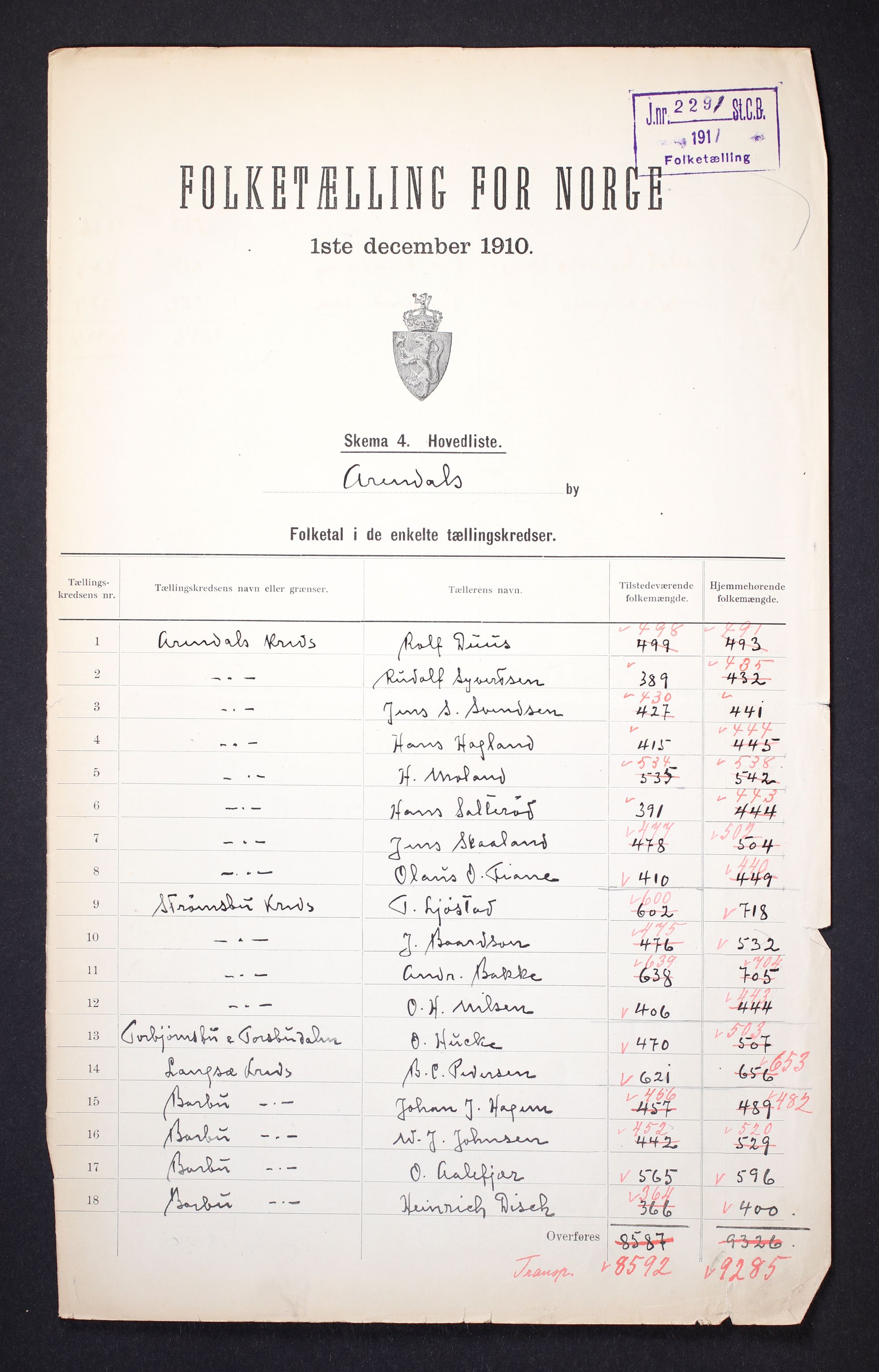 RA, Folketelling 1910 for 0903 Arendal kjøpstad, 1910, s. 2