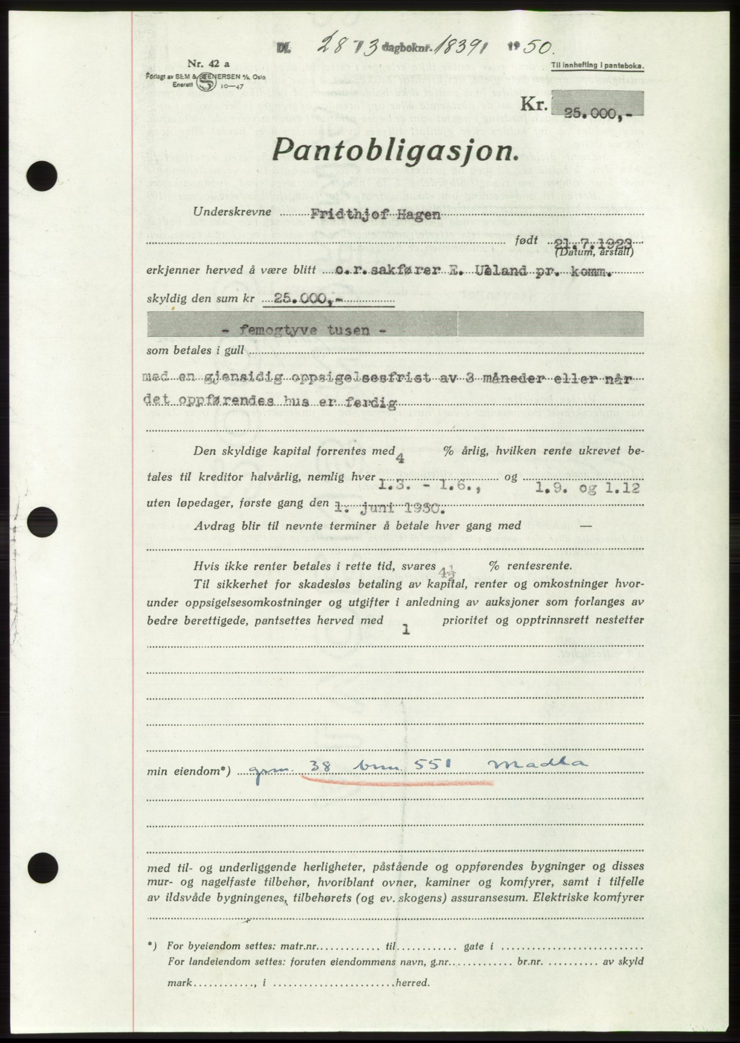 Jæren sorenskriveri, SAST/A-100310/03/G/Gba/L0107: Pantebok, 1950-1950, Dagboknr: 1839/1950