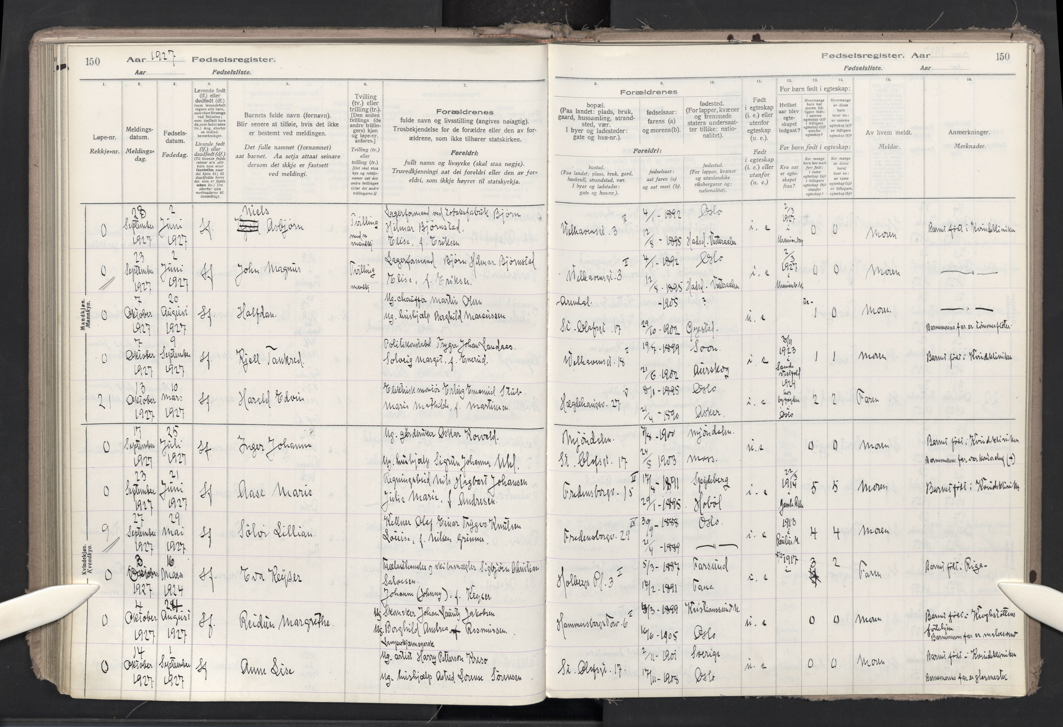 Trefoldighet prestekontor Kirkebøker, AV/SAO-A-10882/J/Ja/L0001: Fødselsregister nr. 1, 1916-1931, s. 150