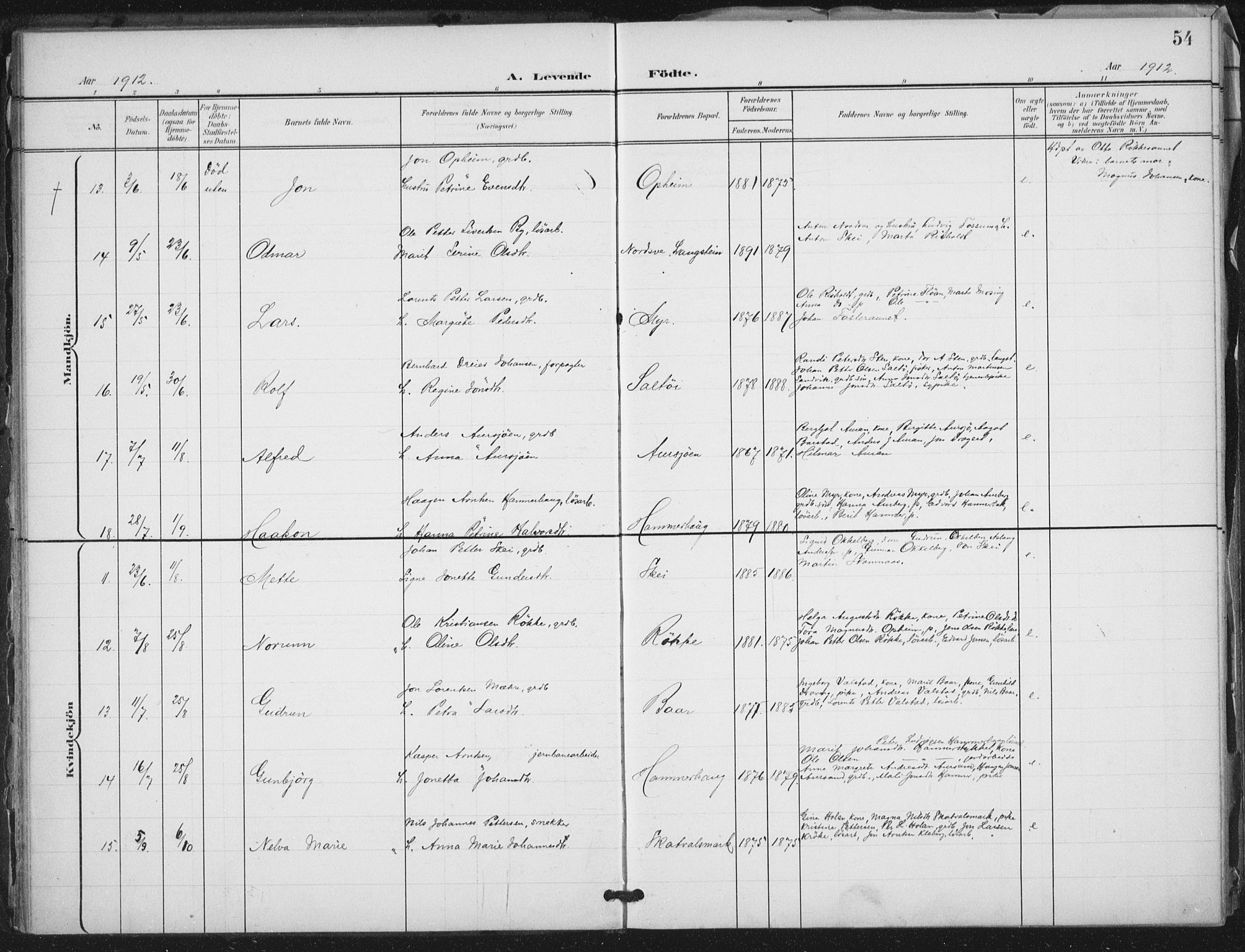 Ministerialprotokoller, klokkerbøker og fødselsregistre - Nord-Trøndelag, SAT/A-1458/712/L0101: Ministerialbok nr. 712A02, 1901-1916, s. 54
