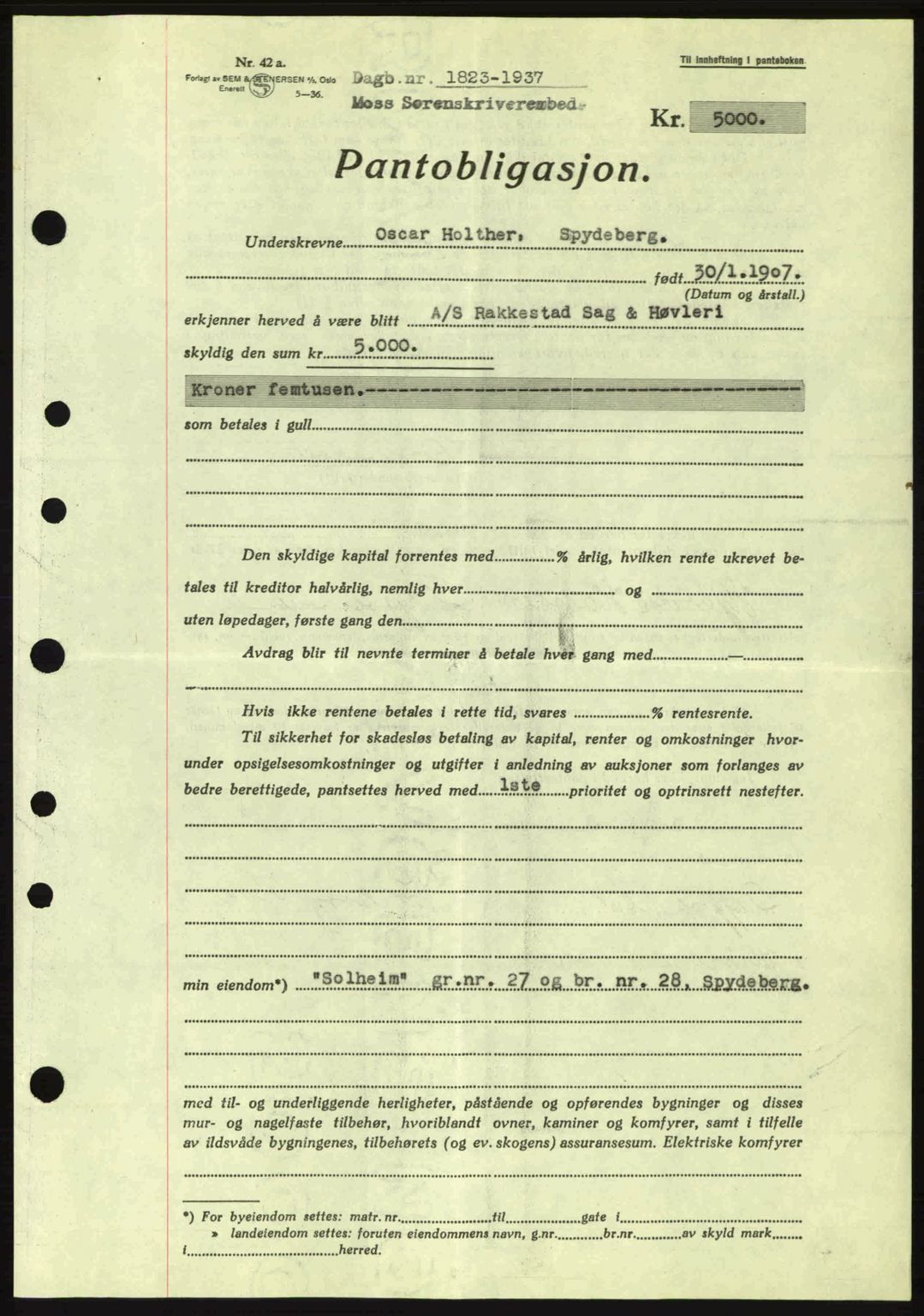 Moss sorenskriveri, SAO/A-10168: Pantebok nr. B4, 1937-1938, Dagboknr: 1823/1937