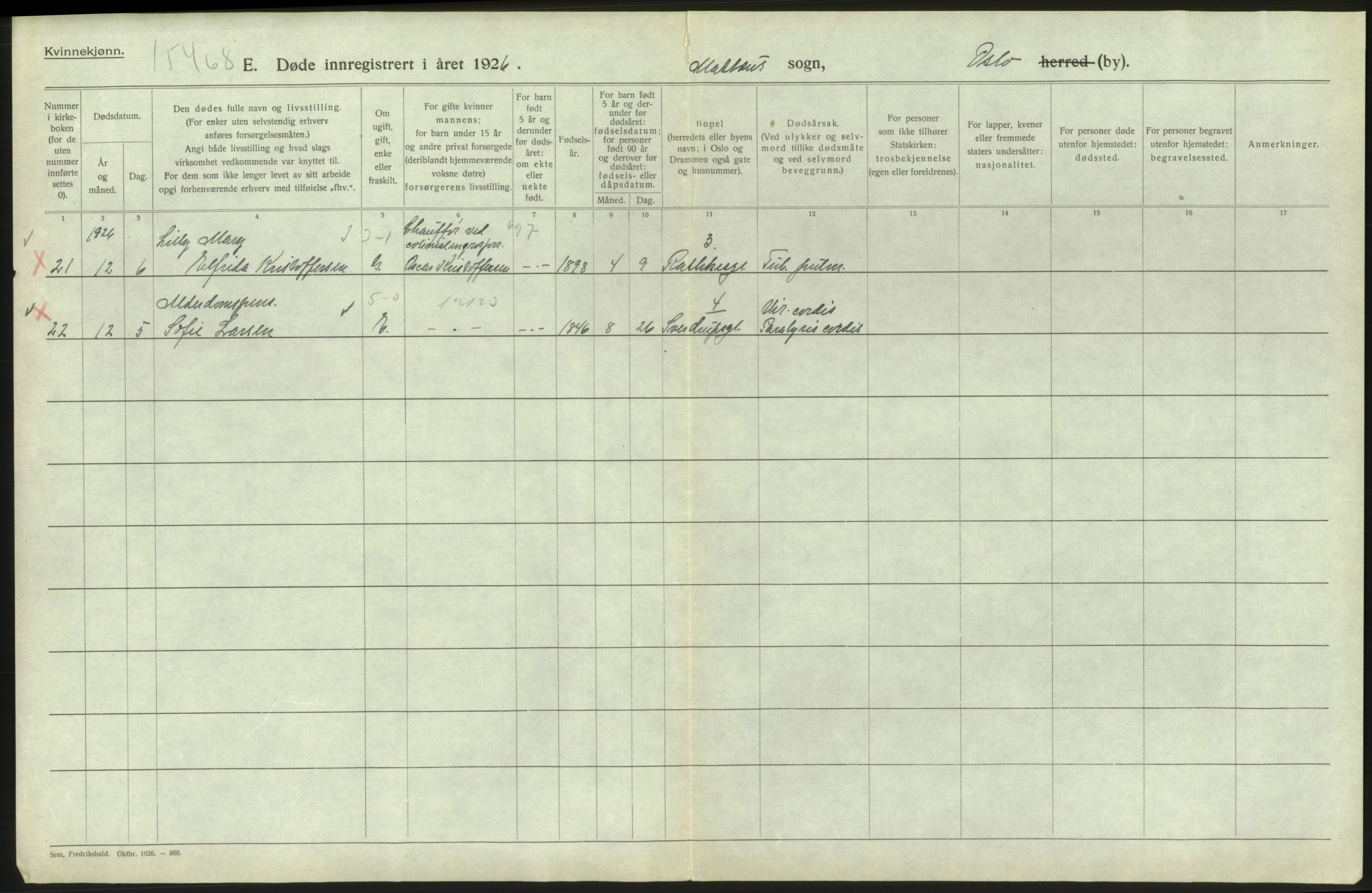 Statistisk sentralbyrå, Sosiodemografiske emner, Befolkning, AV/RA-S-2228/D/Df/Dfc/Dfcf/L0010: Oslo: Døde kvinner, dødfødte, 1926, s. 554