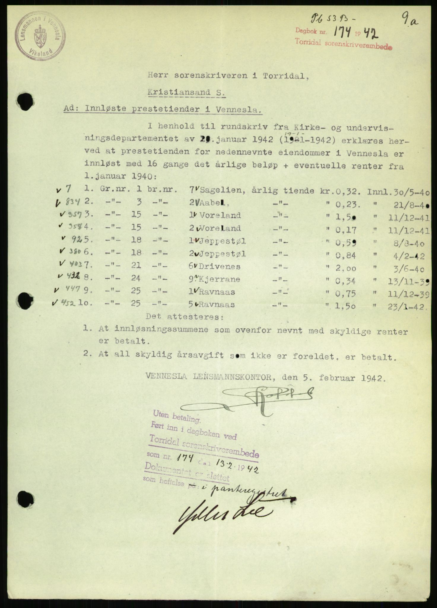 Torridal sorenskriveri, SAK/1221-0012/G/Gb/Gbb/L0009: Pantebok nr. 53b, 1942-1943, Dagboknr: 174/1942