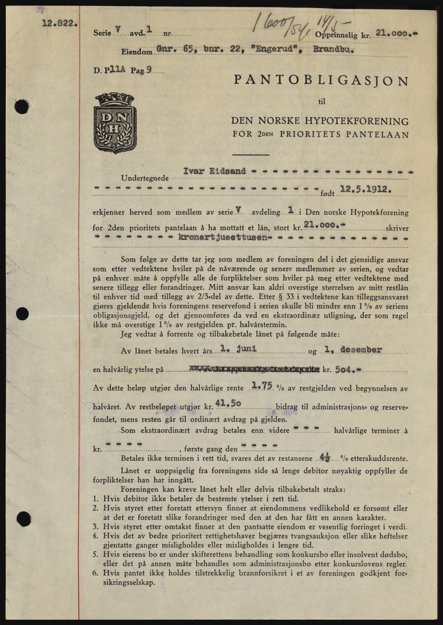 Hadeland og Land tingrett, SAH/TING-010/H/Hb/Hbc/L0029: Pantebok nr. B29, 1954-1954, Dagboknr: 1600/1954