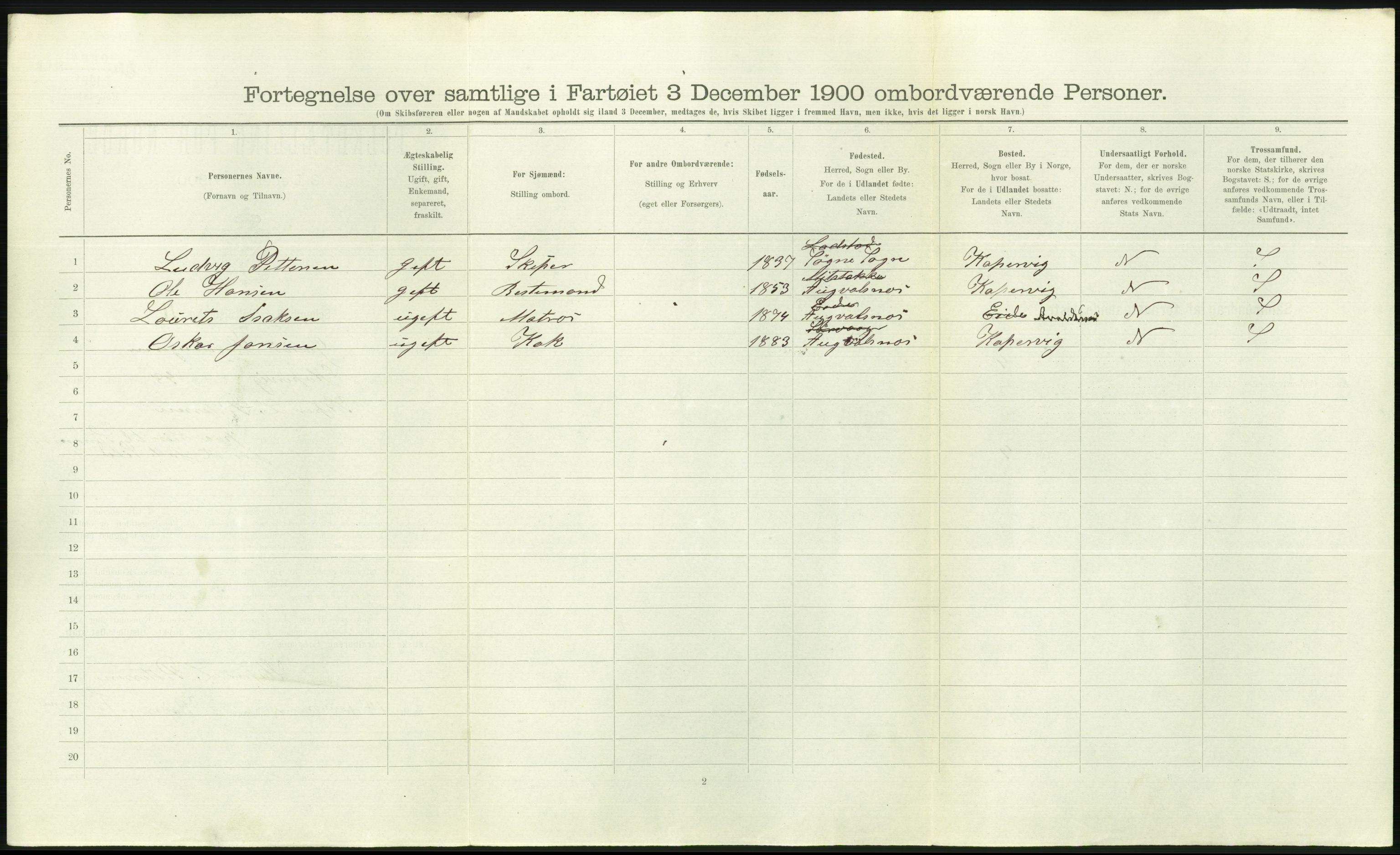 RA, Folketelling 1900 - skipslister med personlister for skip i norske havner, utenlandske havner og til havs, 1900, s. 1082