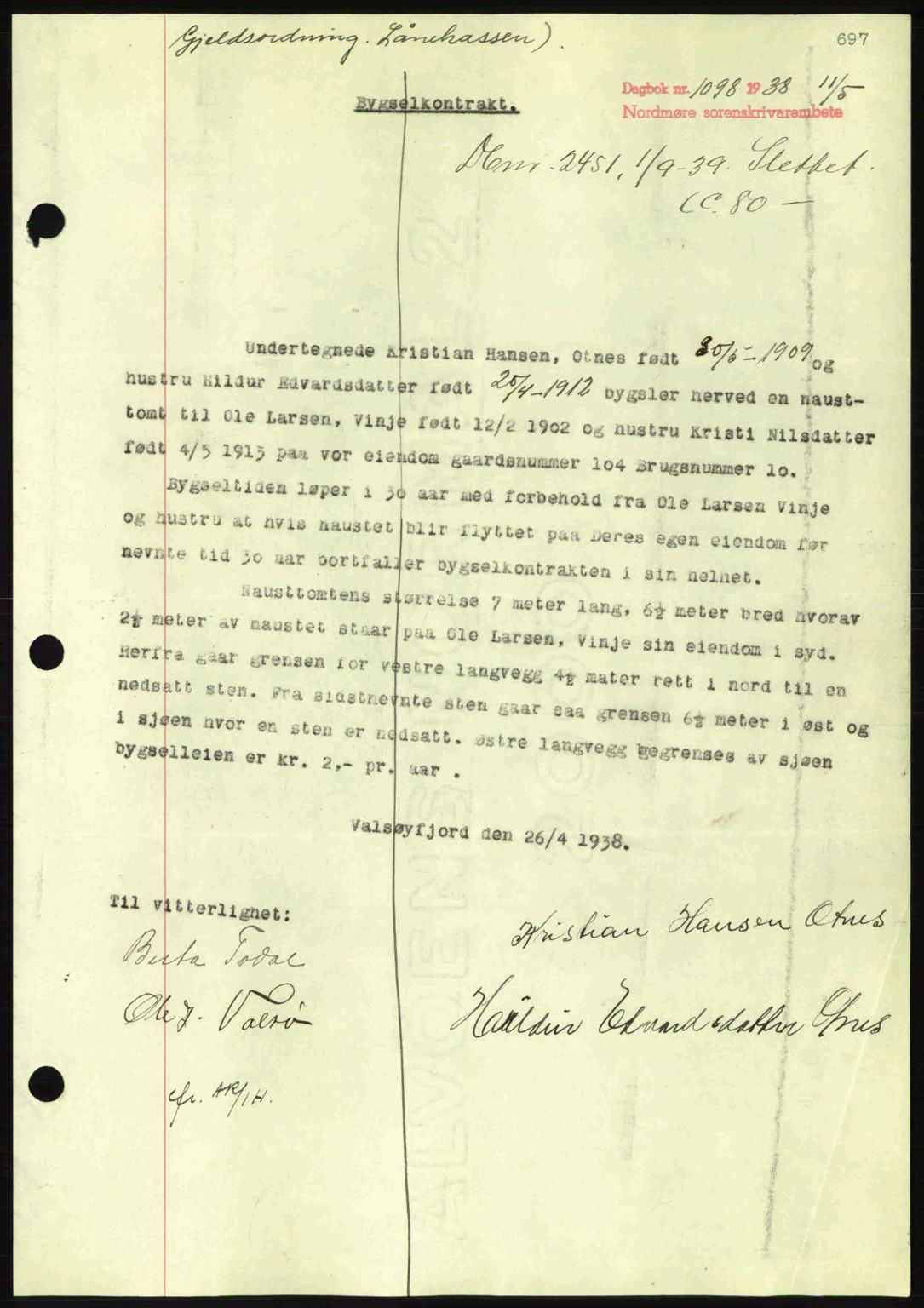 Nordmøre sorenskriveri, SAT/A-4132/1/2/2Ca: Pantebok nr. A83, 1938-1938, Dagboknr: 1098/1938