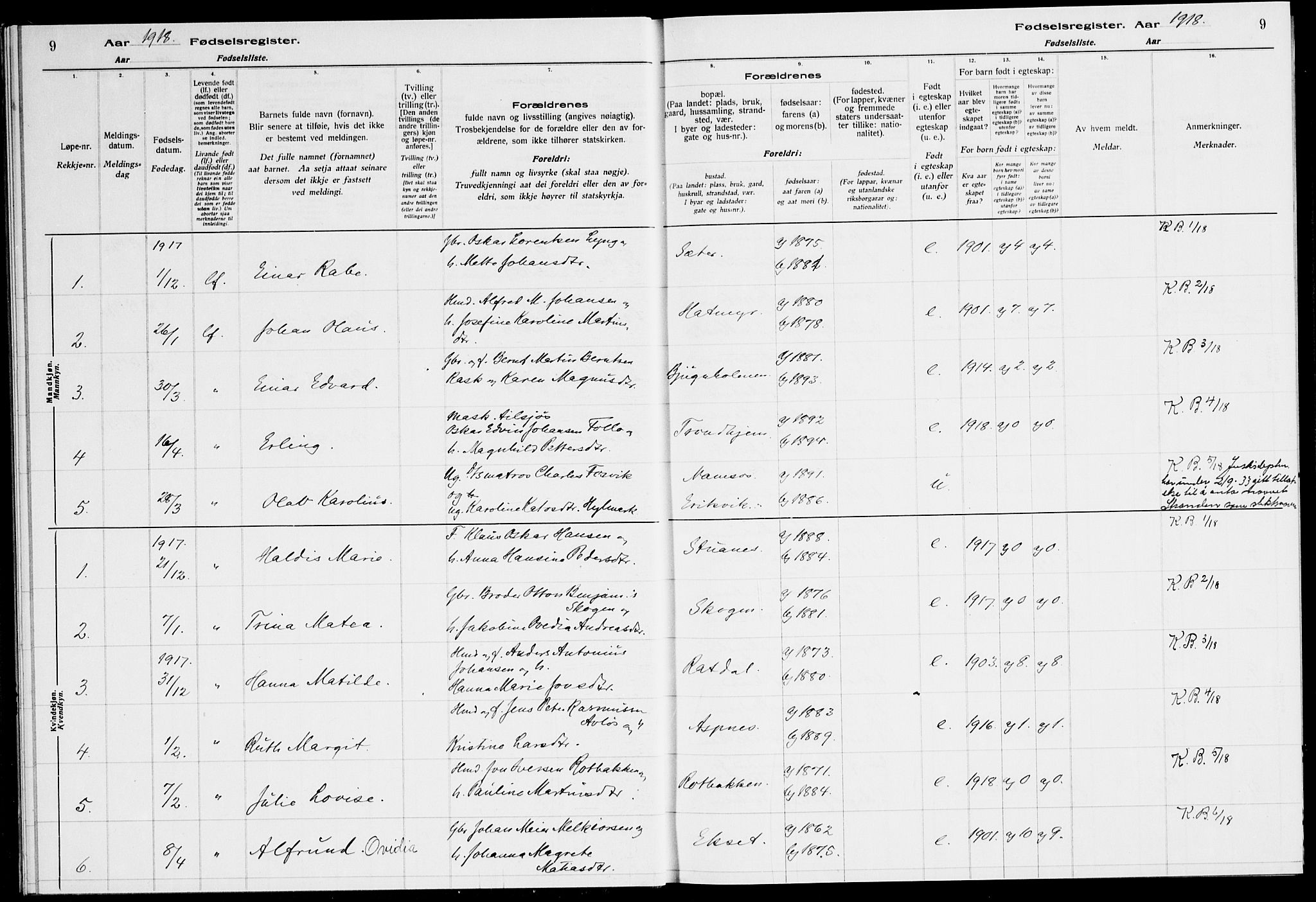 Ministerialprotokoller, klokkerbøker og fødselsregistre - Sør-Trøndelag, AV/SAT-A-1456/651/L0650: Fødselsregister nr. 651.II.4.1, 1916-1923, s. 9