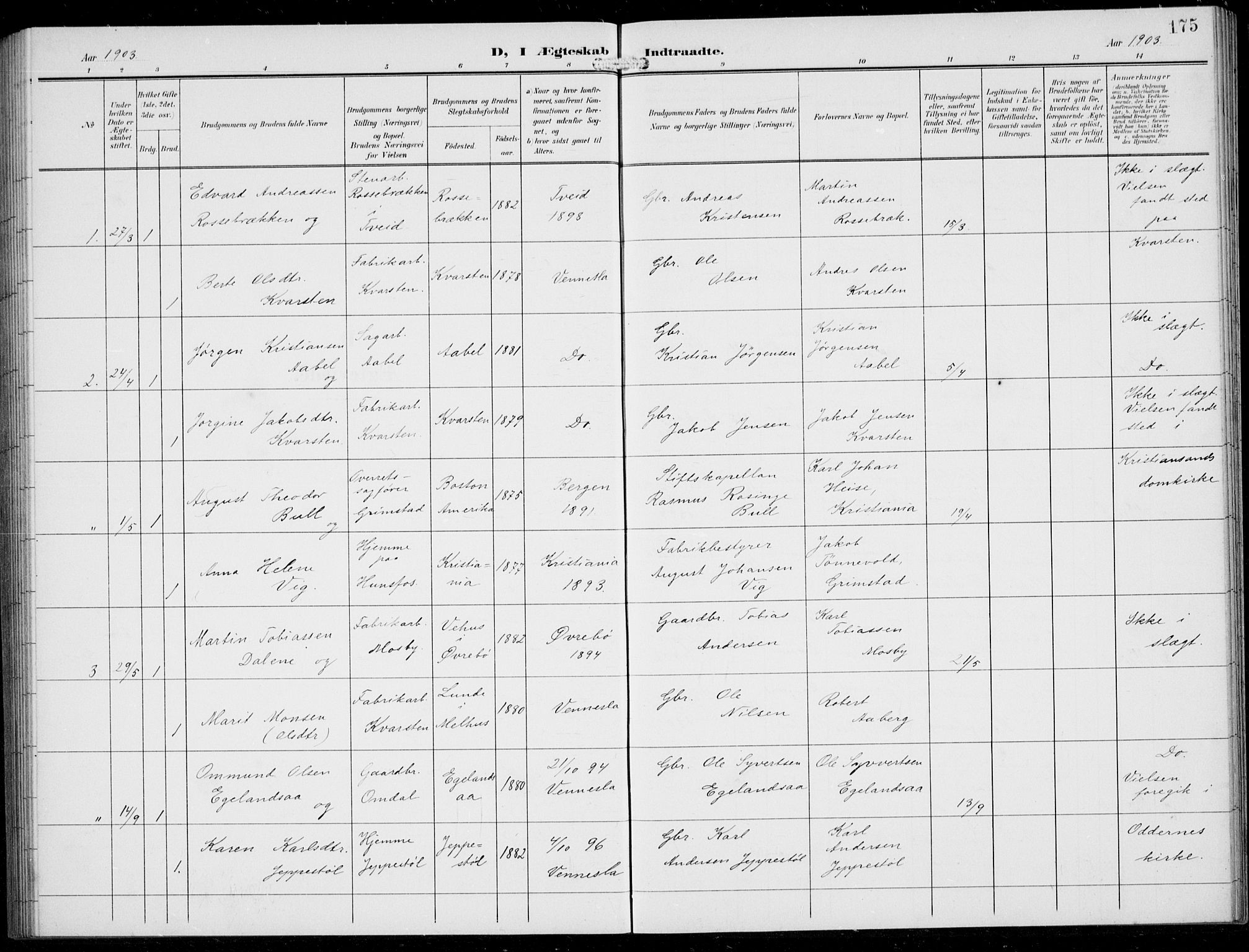 Vennesla sokneprestkontor, AV/SAK-1111-0045/Fb/Fbb/L0005: Klokkerbok nr. B 5, 1903-1913, s. 175