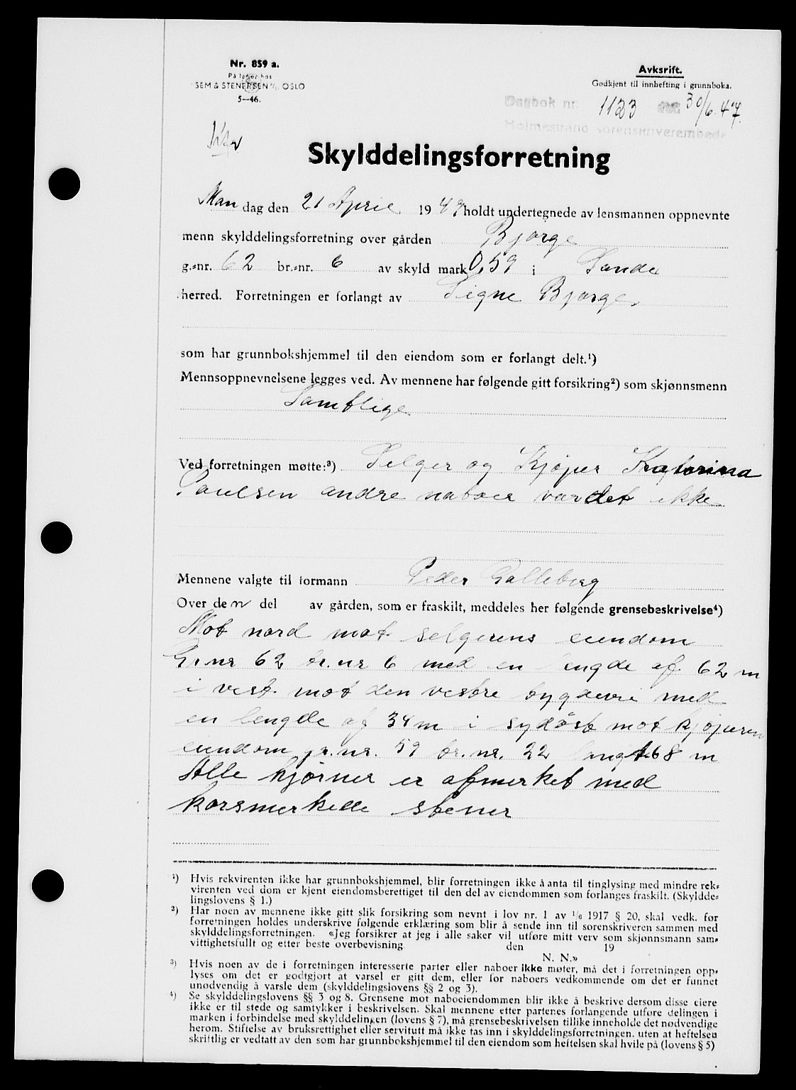 Holmestrand sorenskriveri, SAKO/A-67/G/Ga/Gaa/L0062: Pantebok nr. A-62, 1947-1947, Dagboknr: 1123/1947