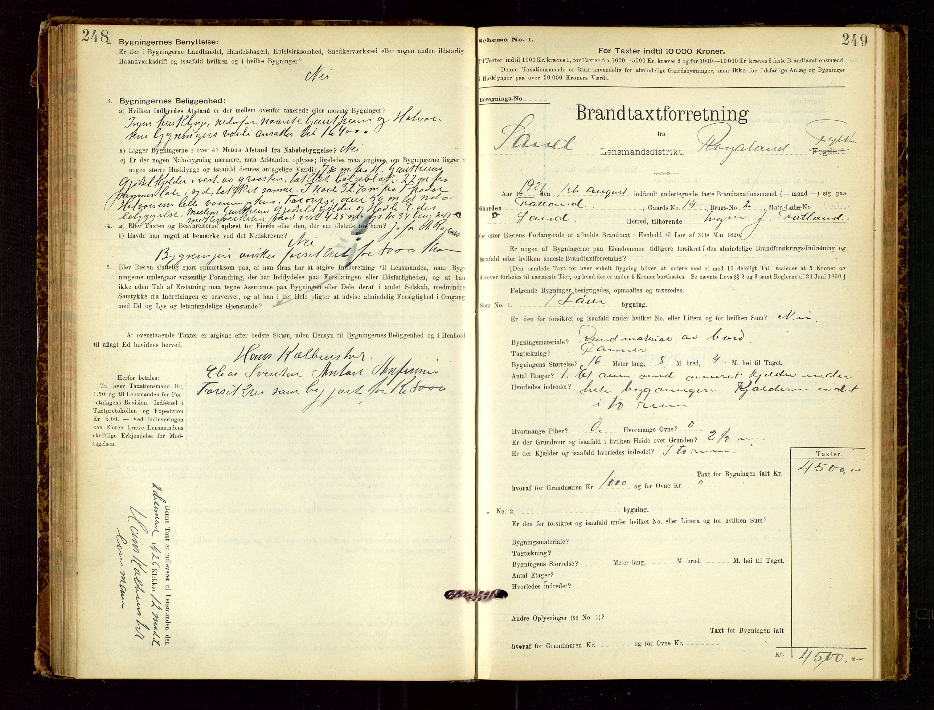 Sand lensmannskontor, AV/SAST-A-100415/Goc/L0001: "Brandtaxationsprotokol", 1895-1935, s. 248-249