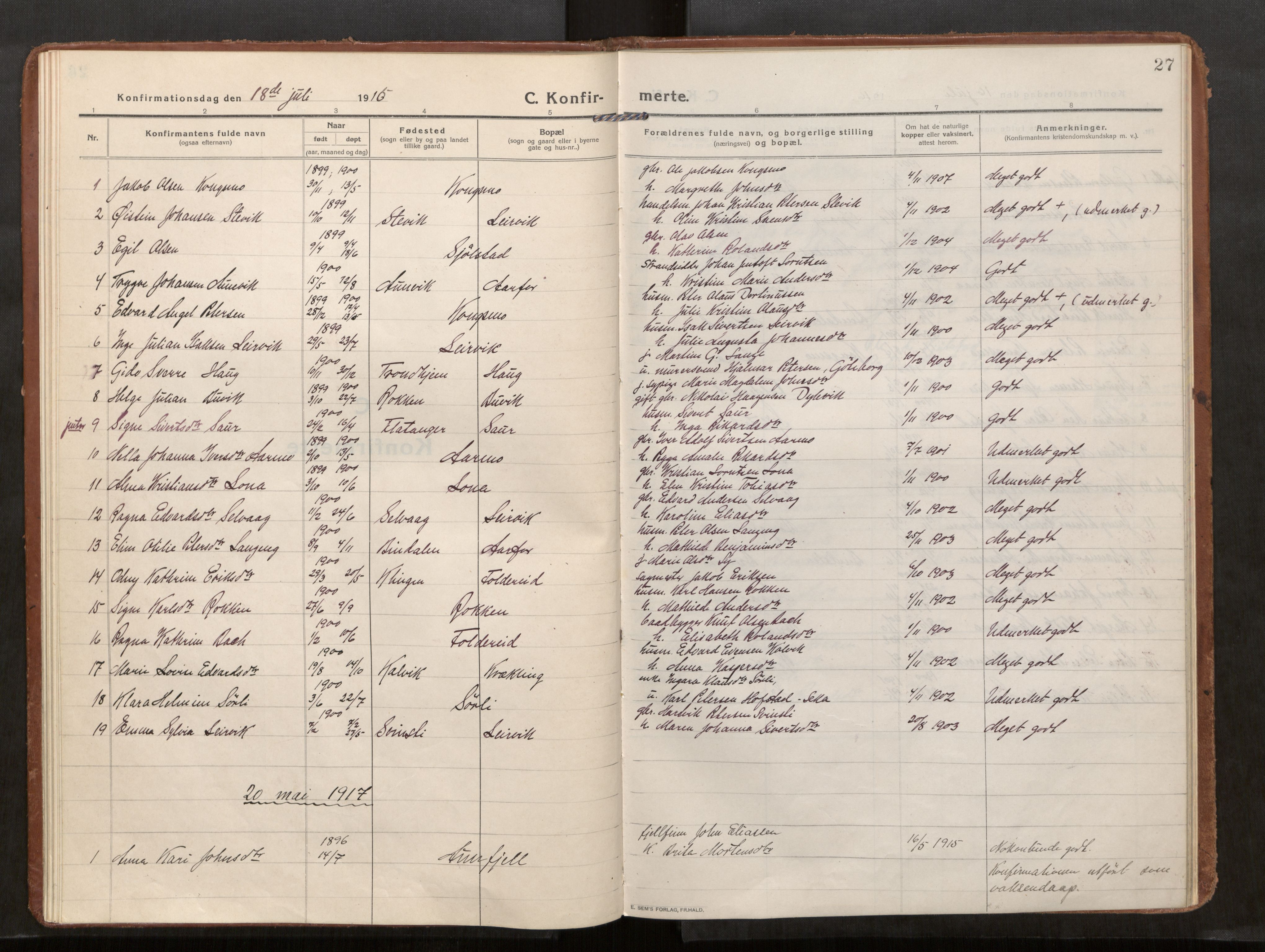 Kolvereid sokneprestkontor, SAT/A-1171/H/Ha/Haa/L0002: Ministerialbok nr. 2, 1914-1926, s. 27