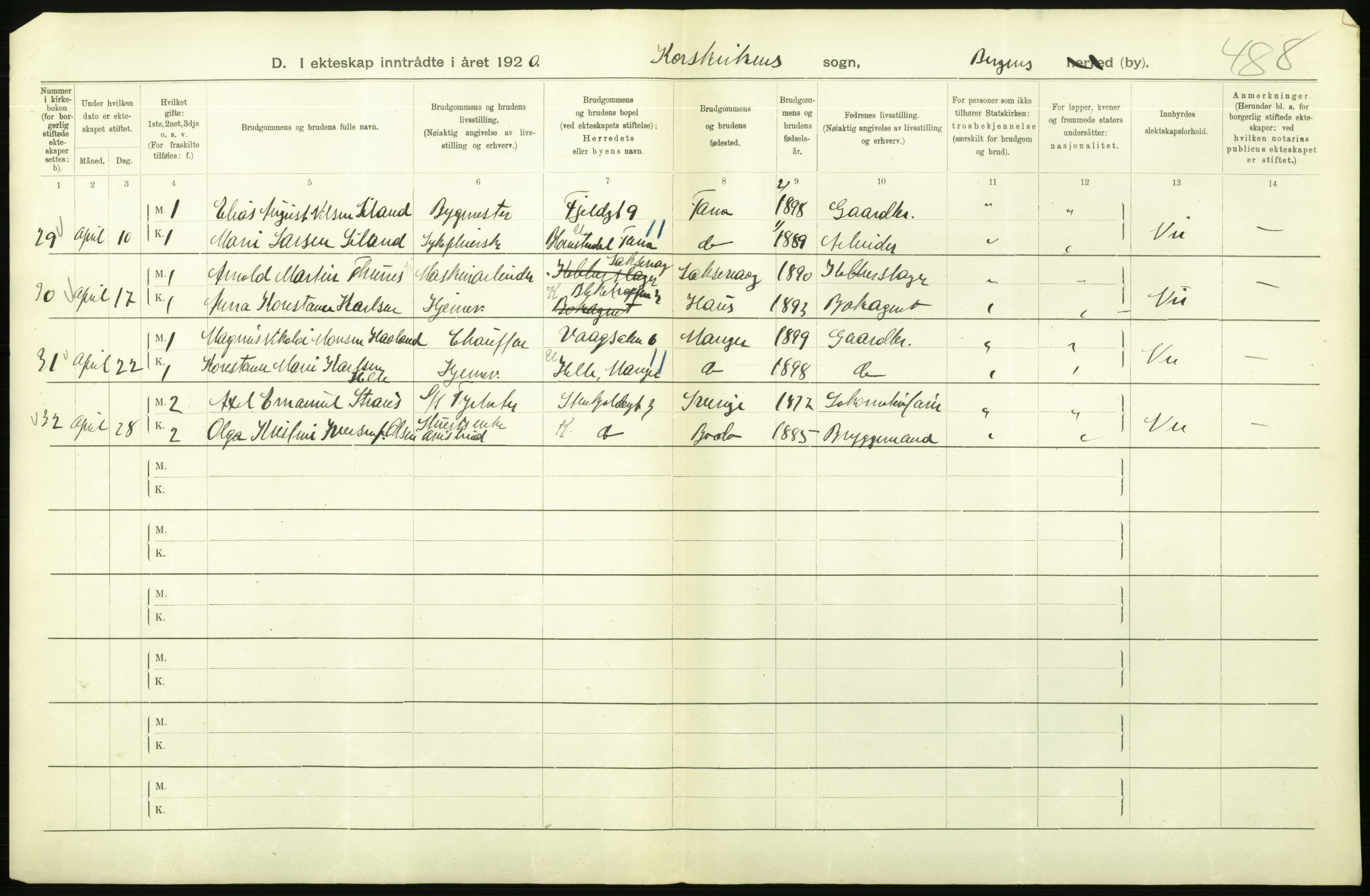 Statistisk sentralbyrå, Sosiodemografiske emner, Befolkning, AV/RA-S-2228/D/Df/Dfb/Dfbj/L0042: Bergen: Gifte, døde, dødfødte., 1920, s. 208